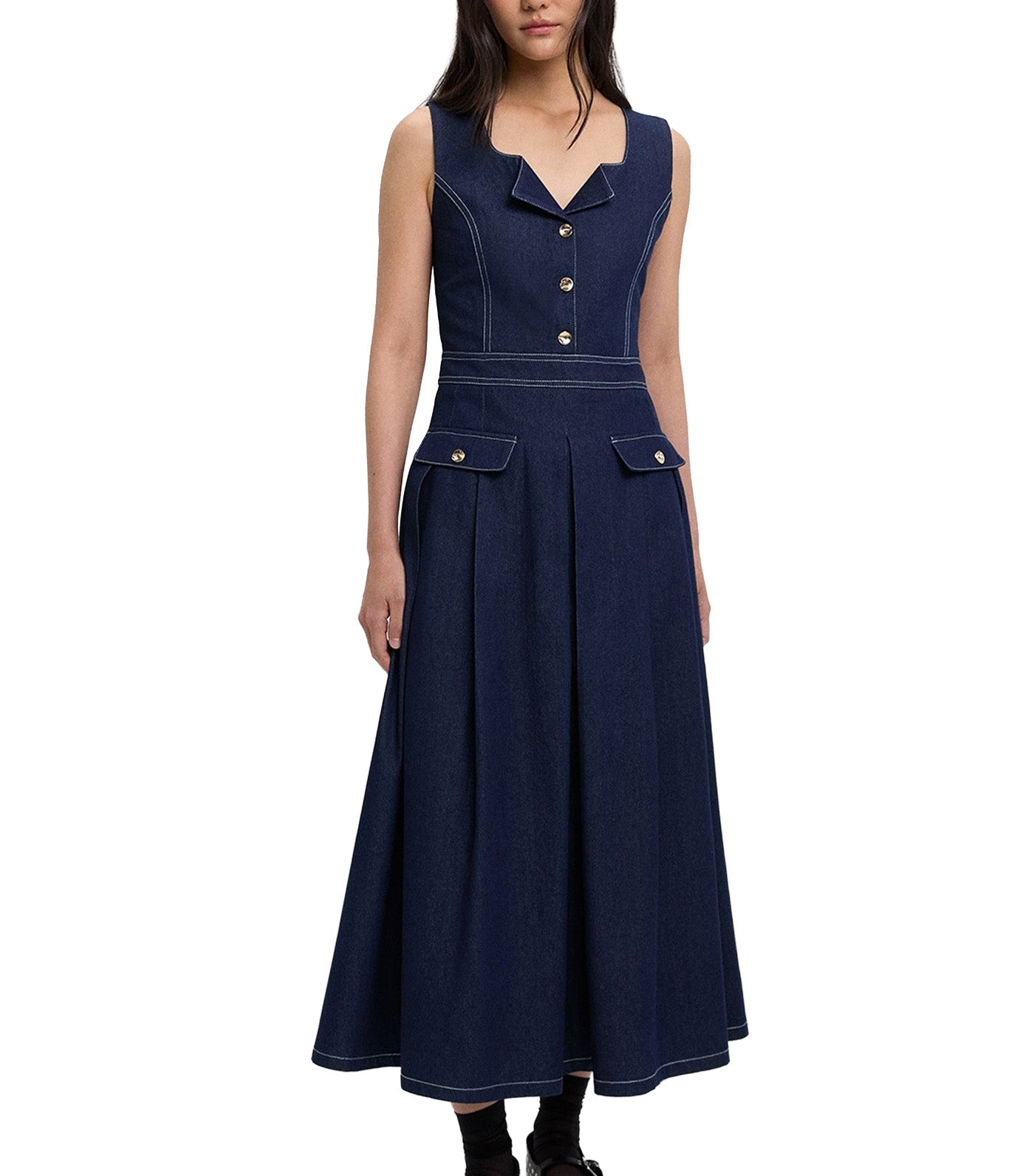 Buttoned Contrast Stitch Dress Dark Blue