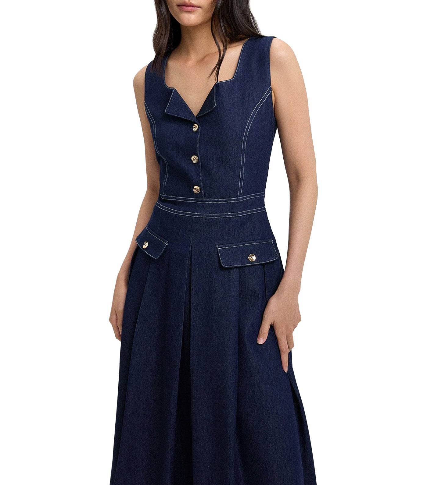 Buttoned Contrast Stitch Dress Dark Blue