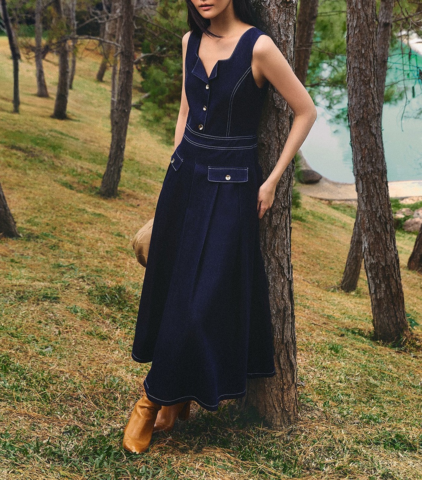 Buttoned Contrast Stitch Dress Dark Blue