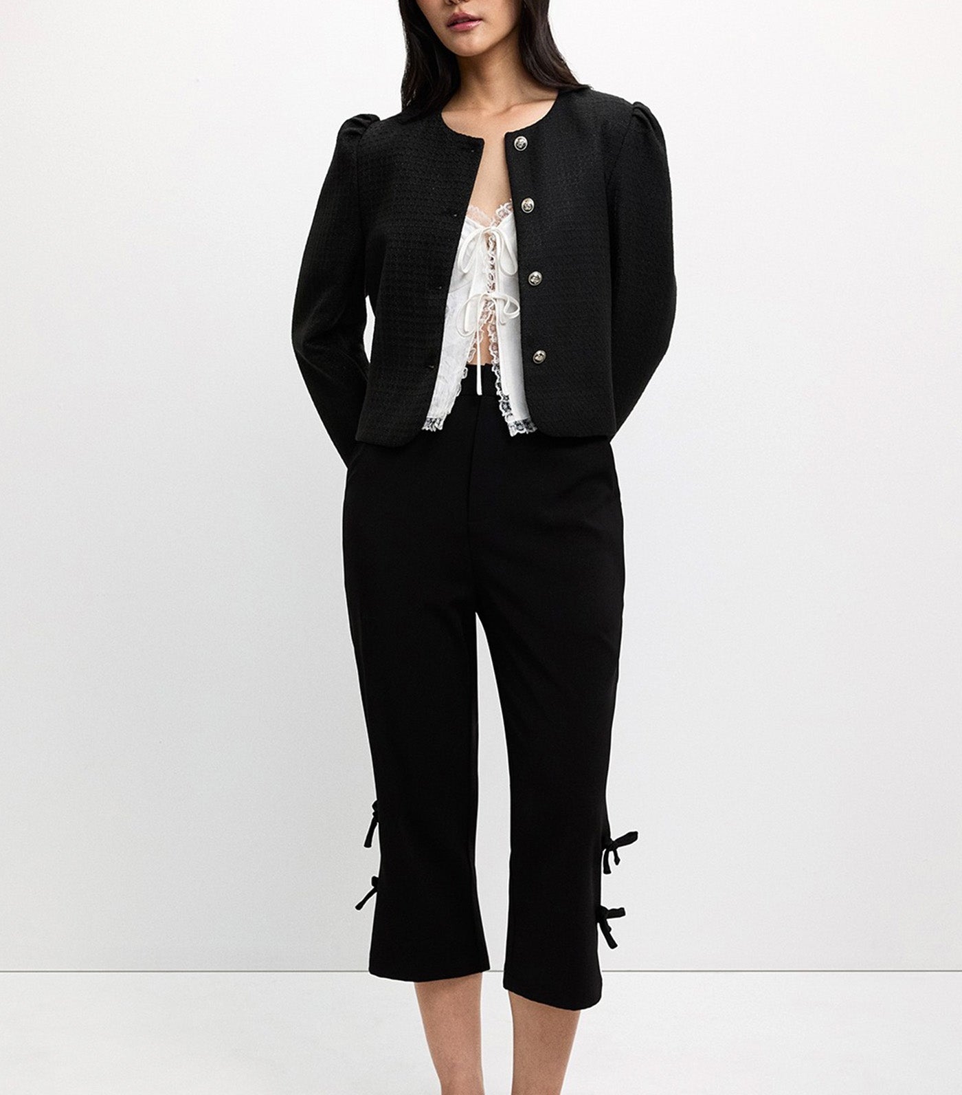Textured Puff Sleeve Jacket Black