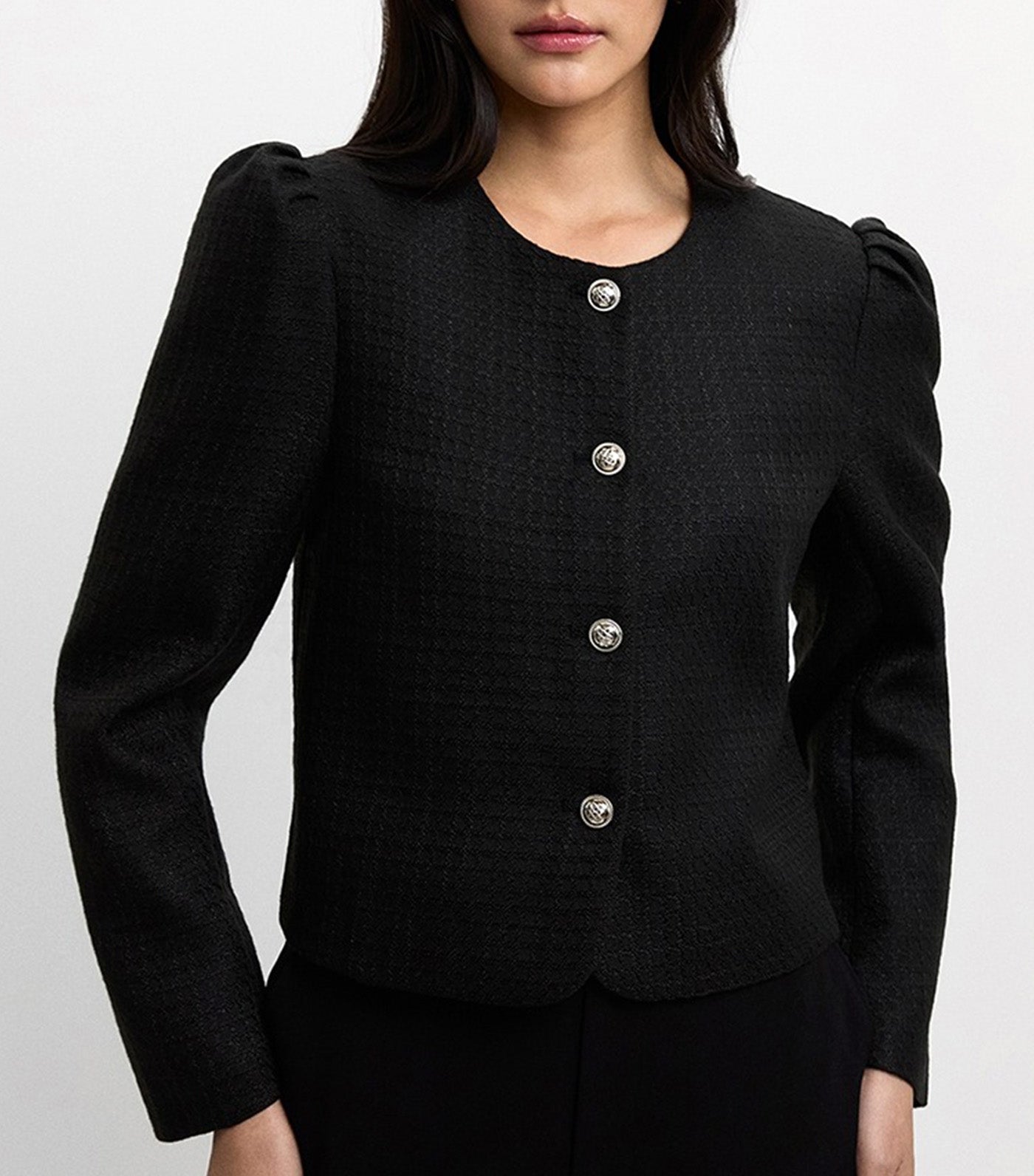 Textured Puff Sleeve Jacket Black