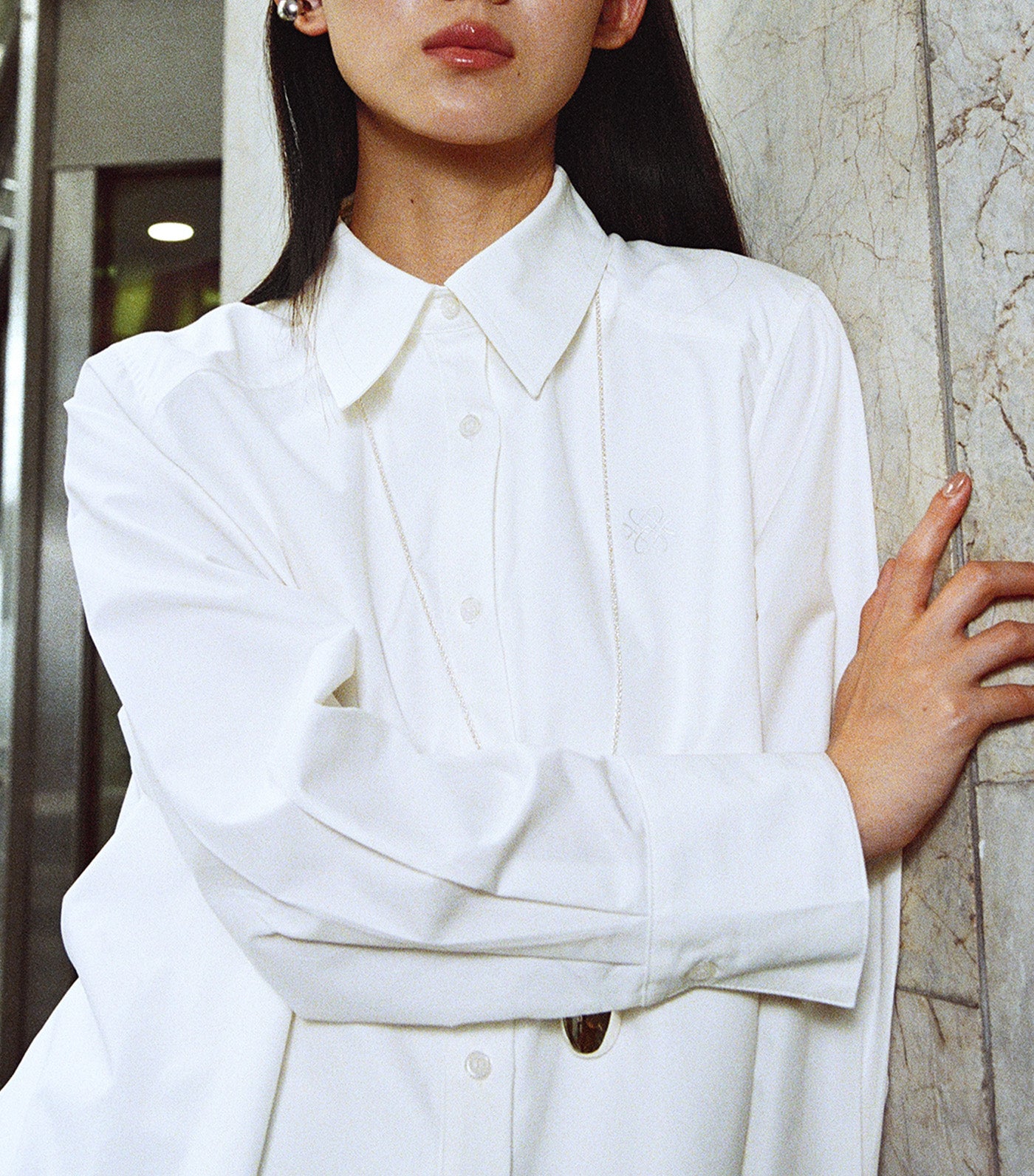 Asymmetric-Hem Button-Up Dress White