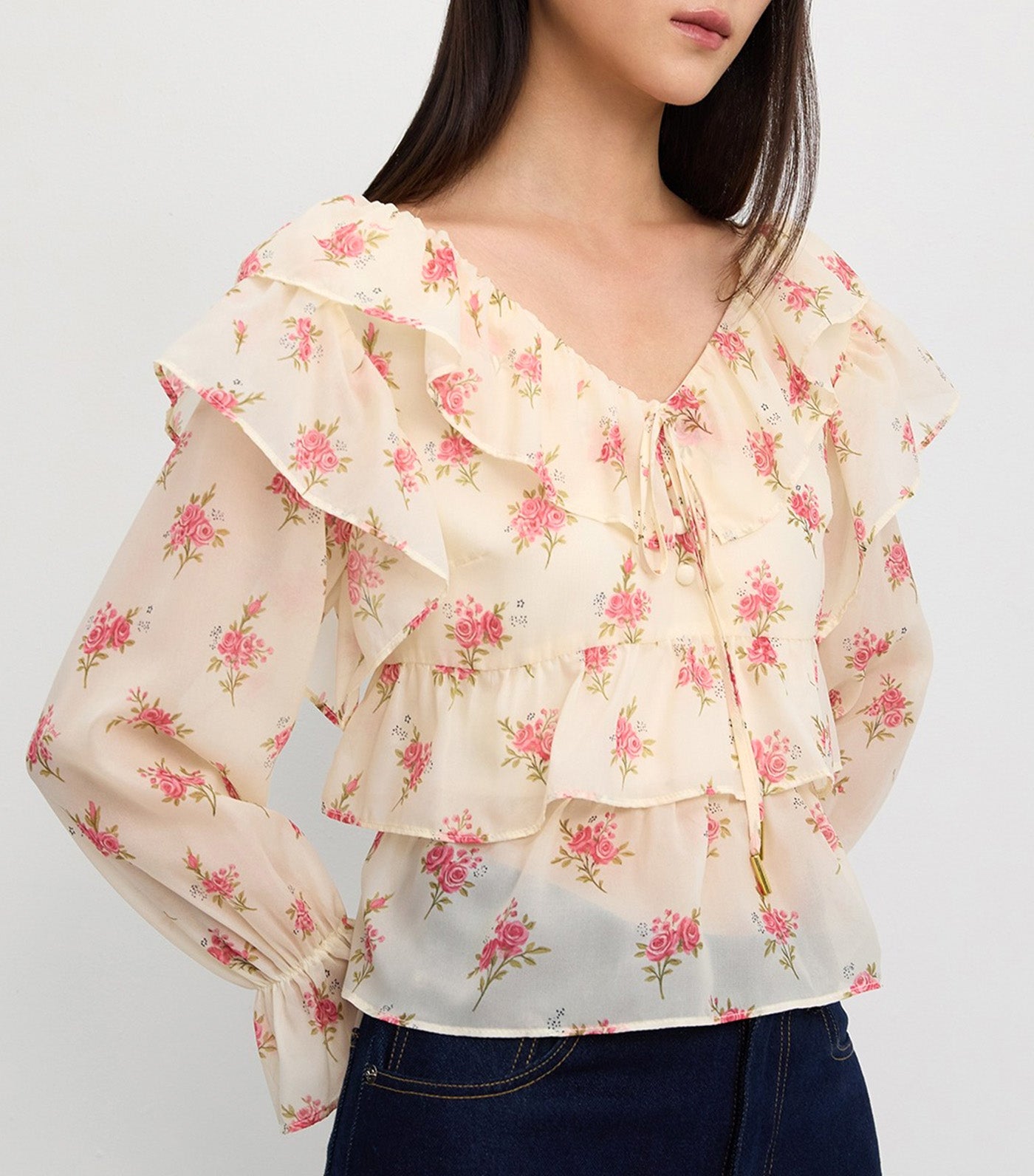 Ruffled Floral Blouse Ivory