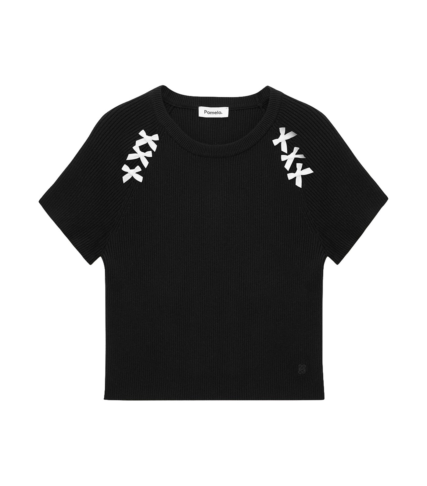 Bow Motif Ribbed Top Black