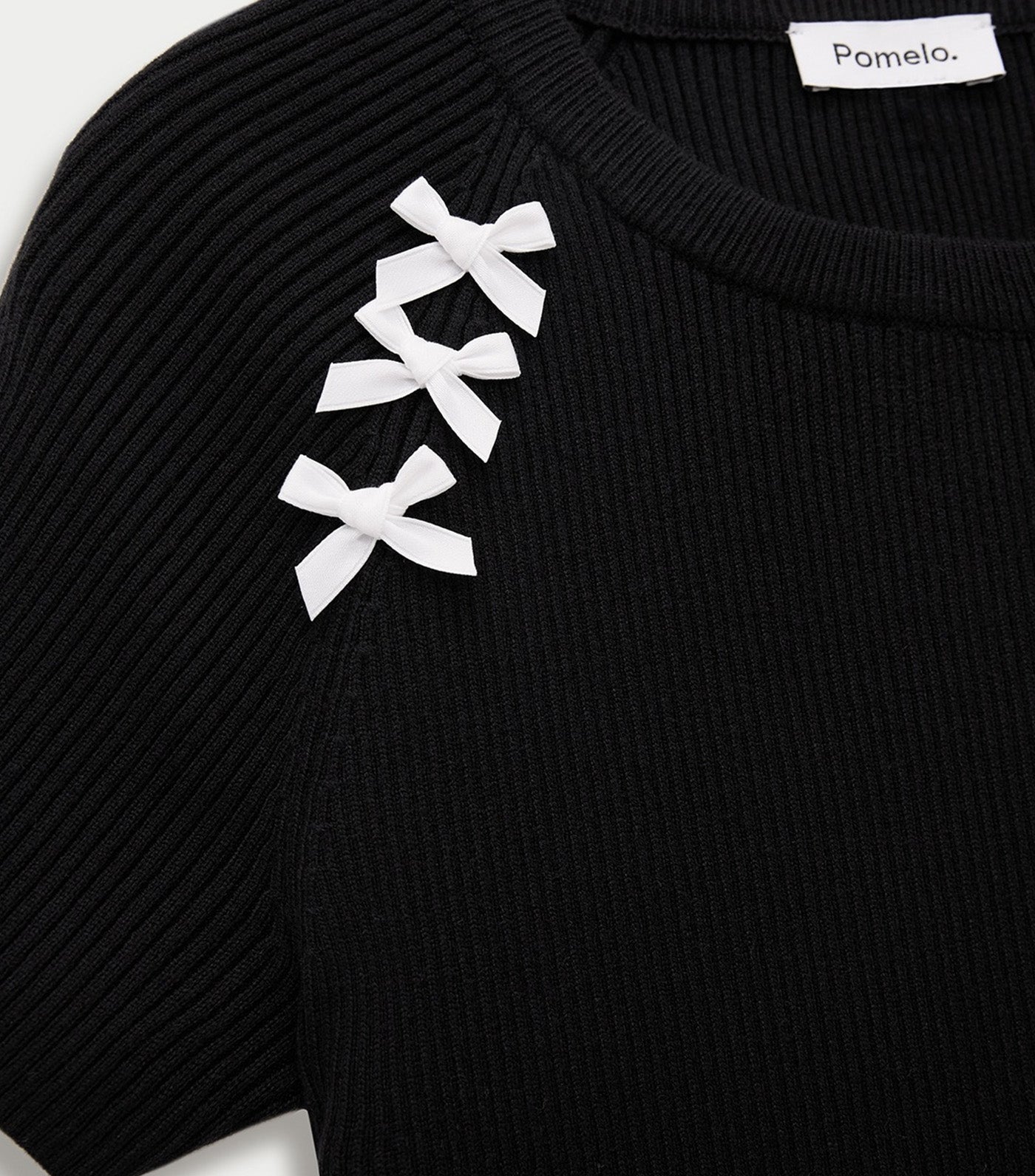 Bow Motif Ribbed Top Black