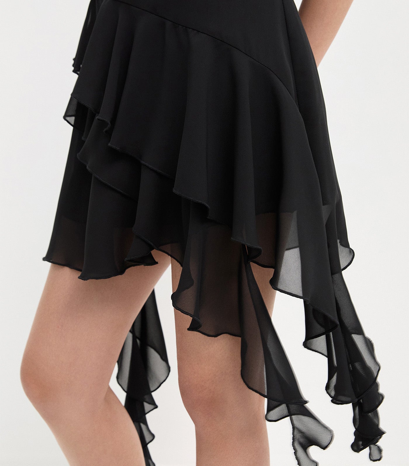 Asymmetrical Hem Bow Ruffle Dress Black