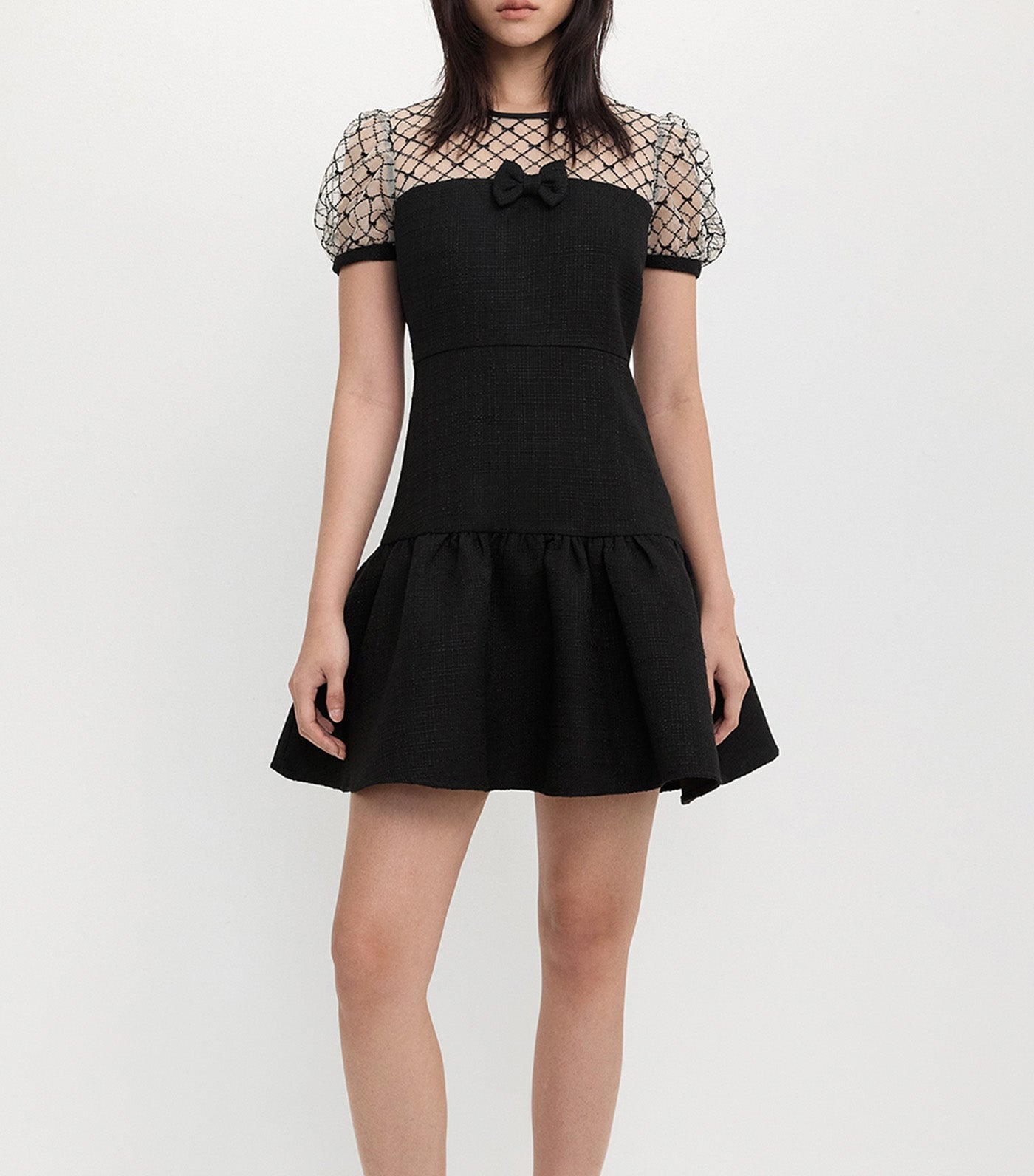 Bow Mesh Puff Sleeve Mini Dress Black
