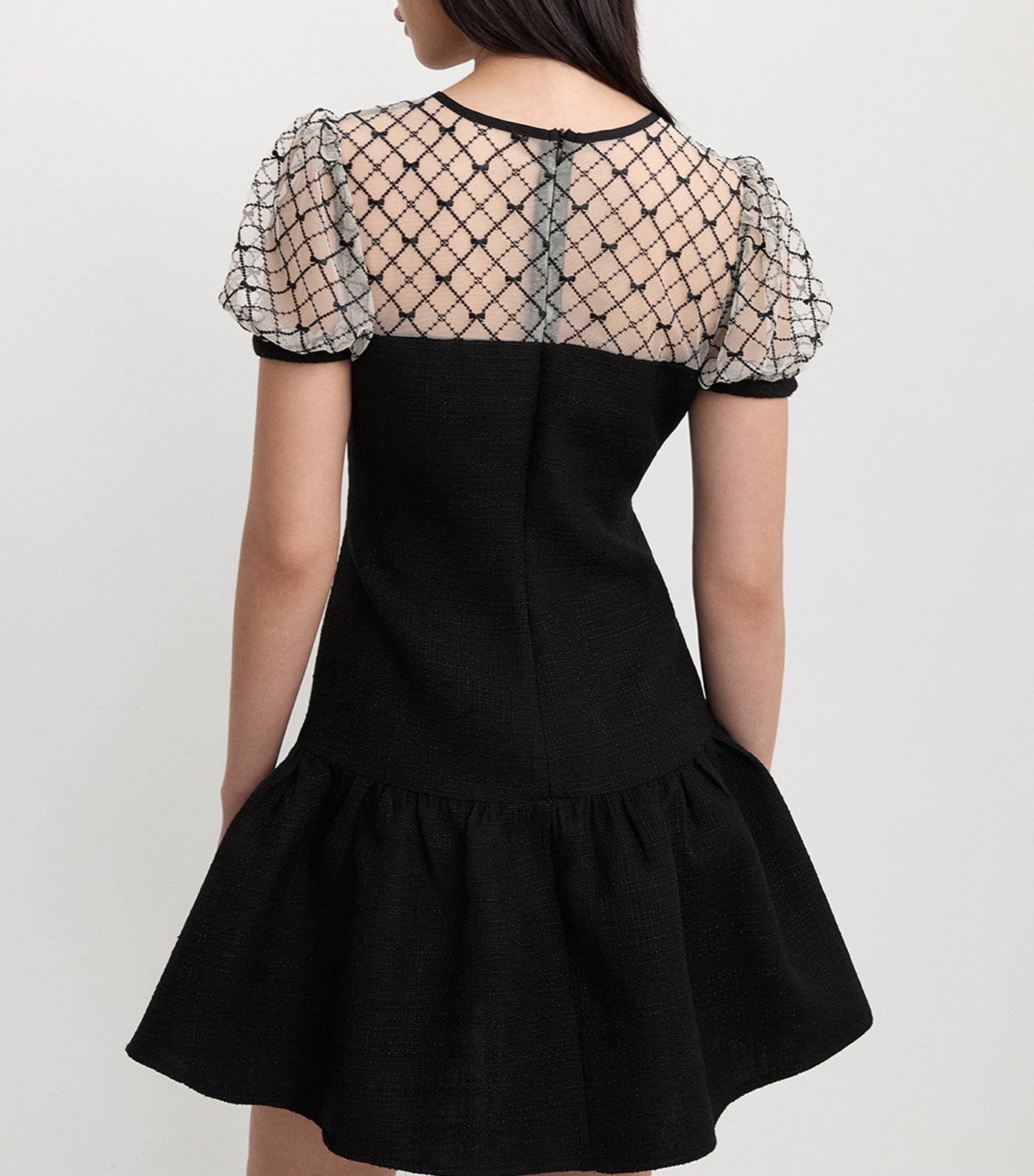Bow Mesh Puff Sleeve Mini Dress Black