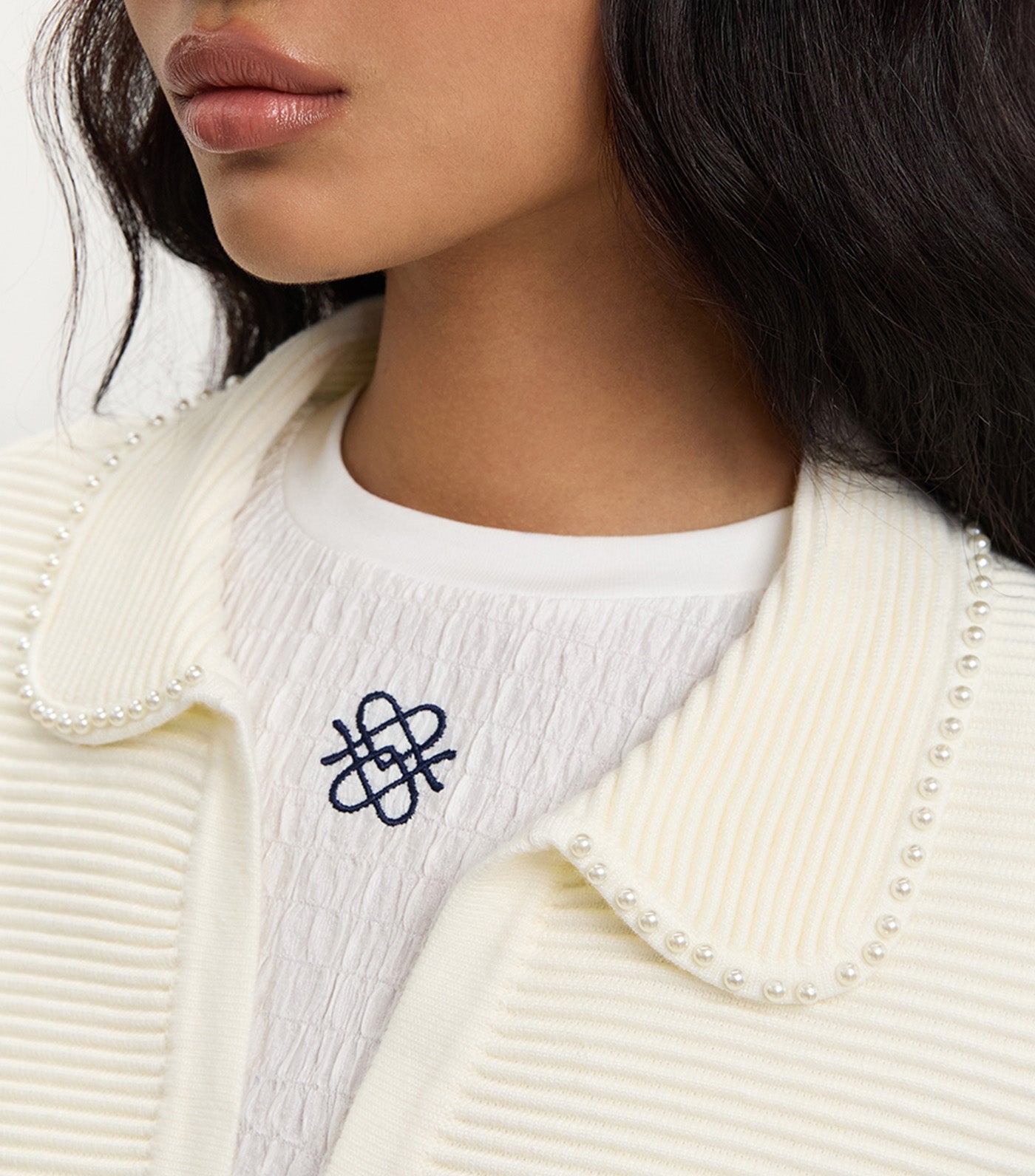 Pearl-Trim Collar Cardigan Ivory