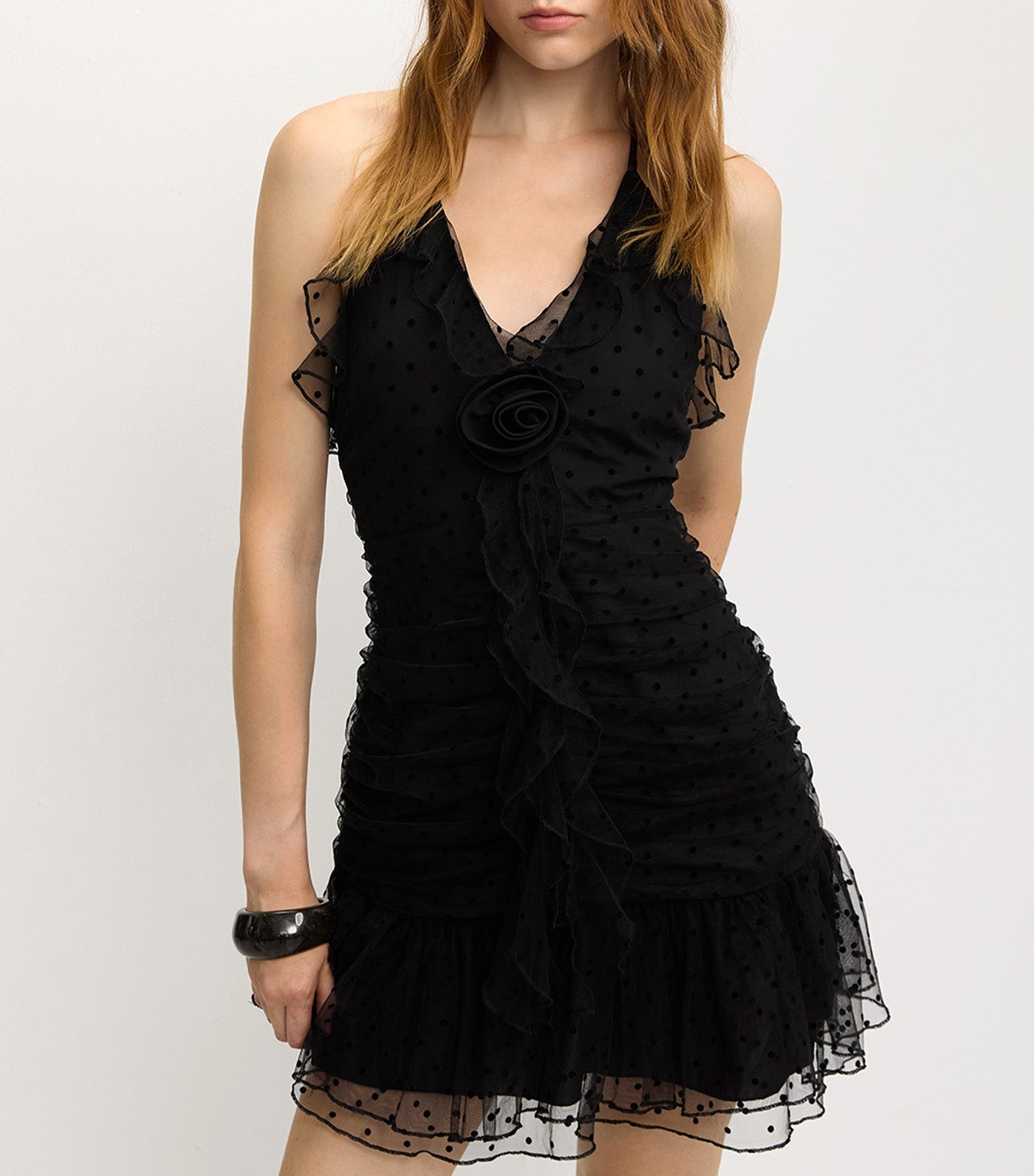 Polka Dot Ruffle Dress Black