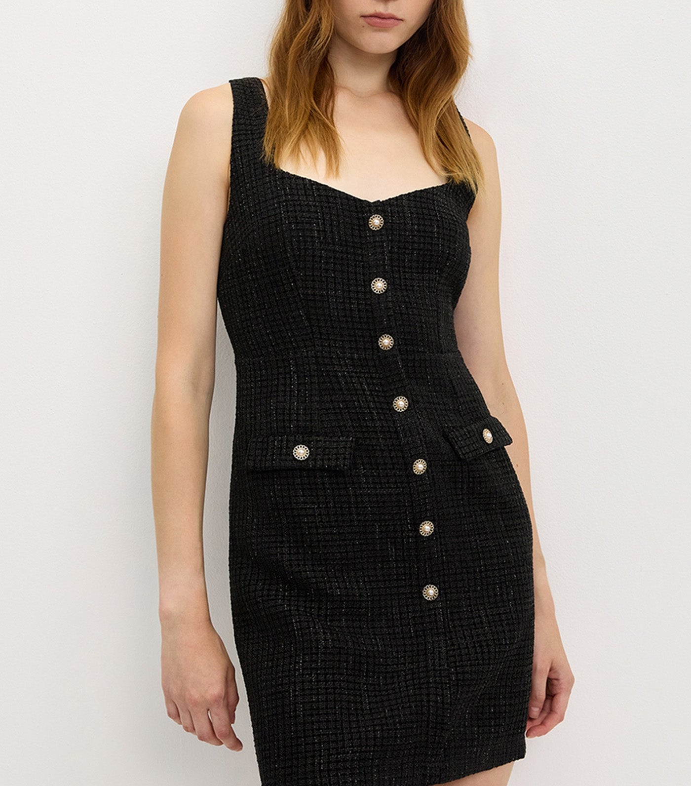 Buttoned Tweed Dress Black