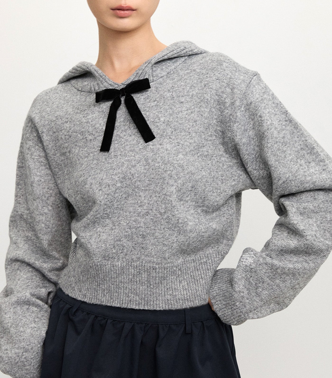 Knitted Hoodie with Bow Mid Gray