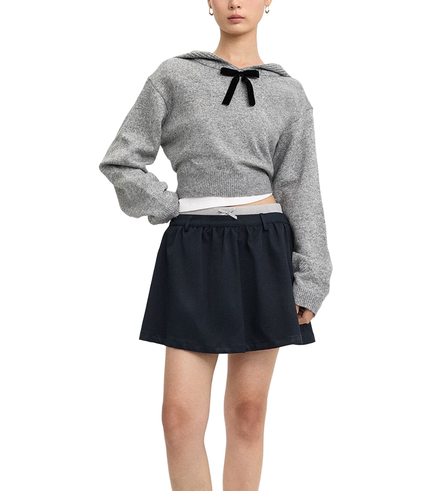 Knitted Hoodie with Bow Mid Gray