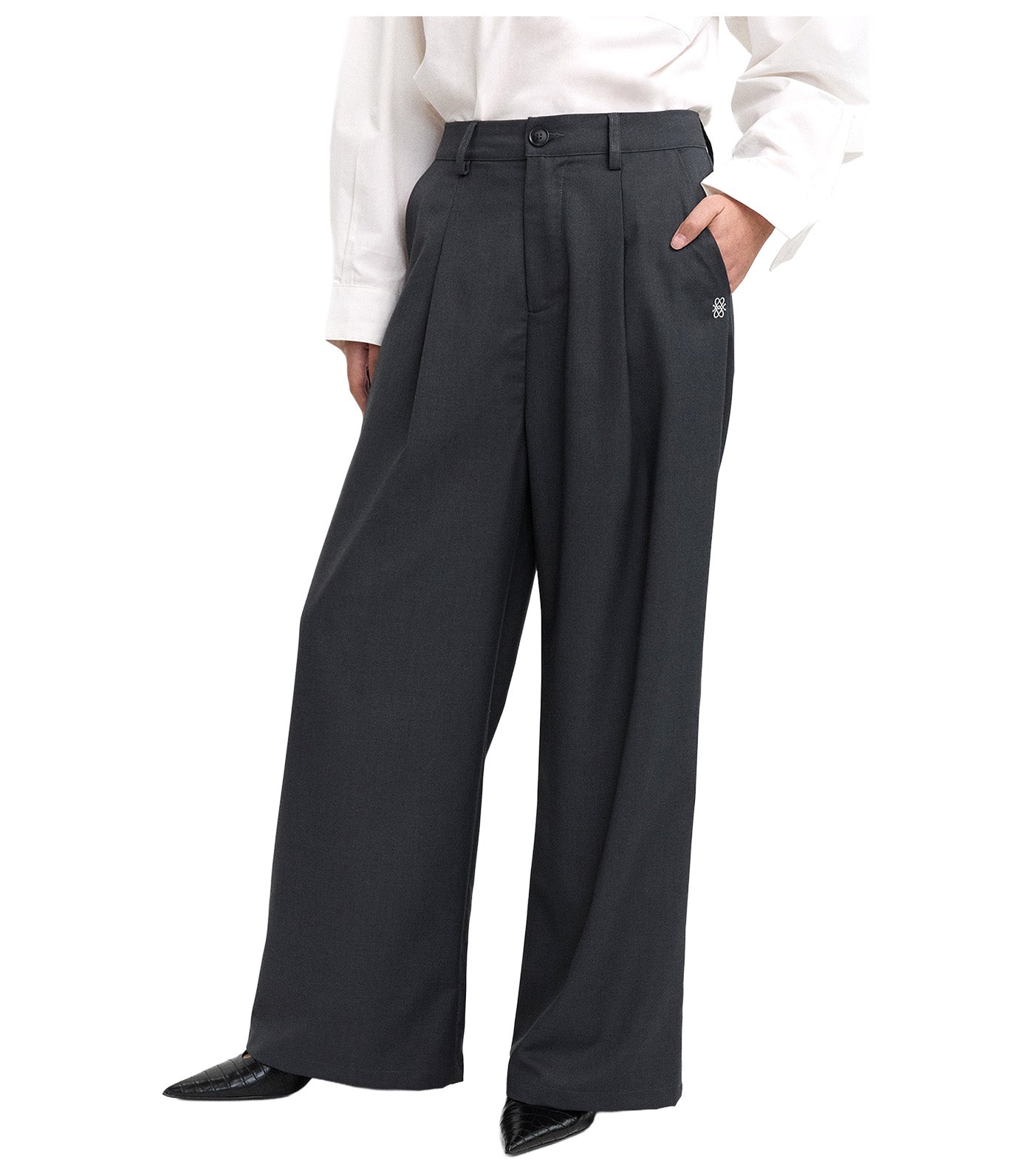 Pleated Wide Leg Trousers Dark Gray