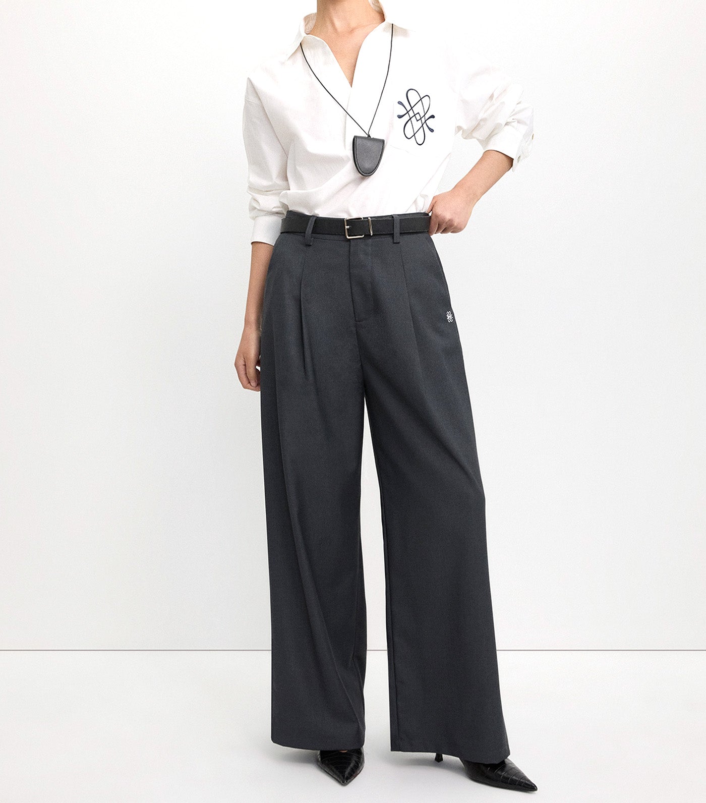 Pleated Wide Leg Trousers Dark Gray