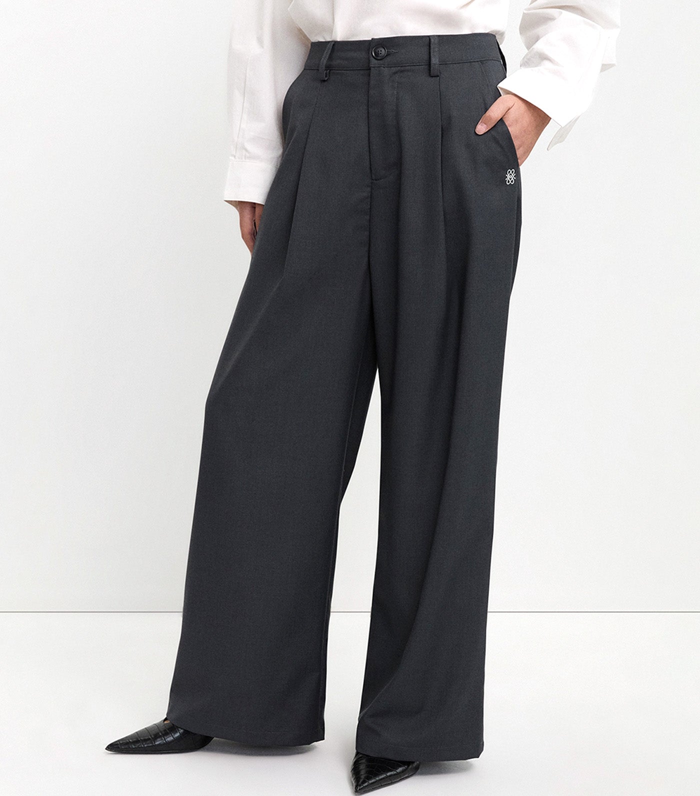 Pleated Wide Leg Trousers Dark Gray