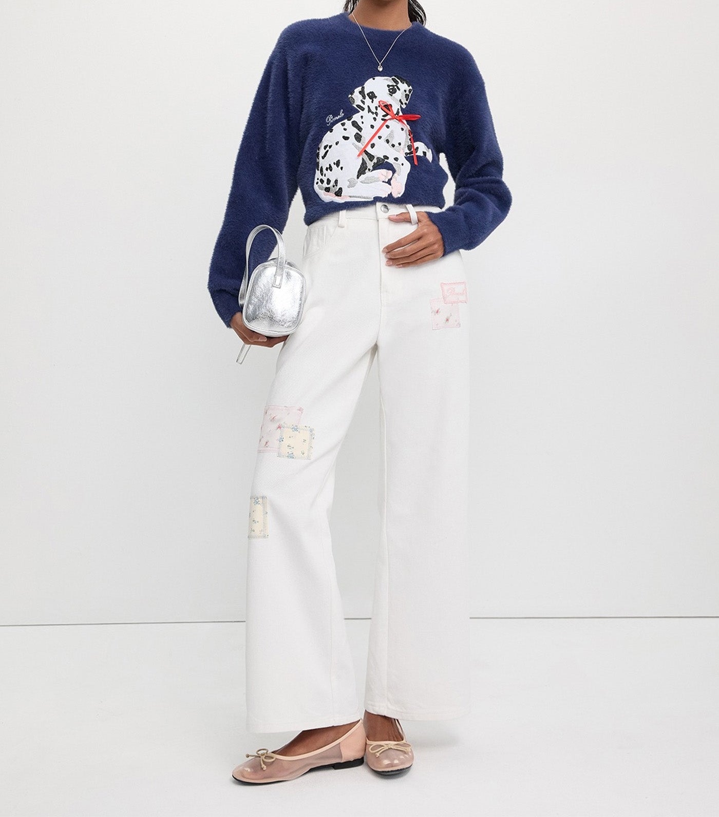 Pomelo Denim Patchwork Trousers White