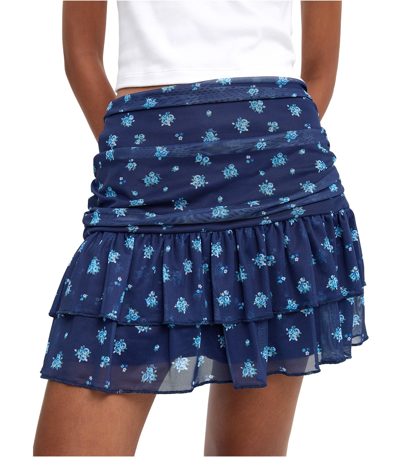 Floral Ruched Ruffle Hem Mini Skirt Navy