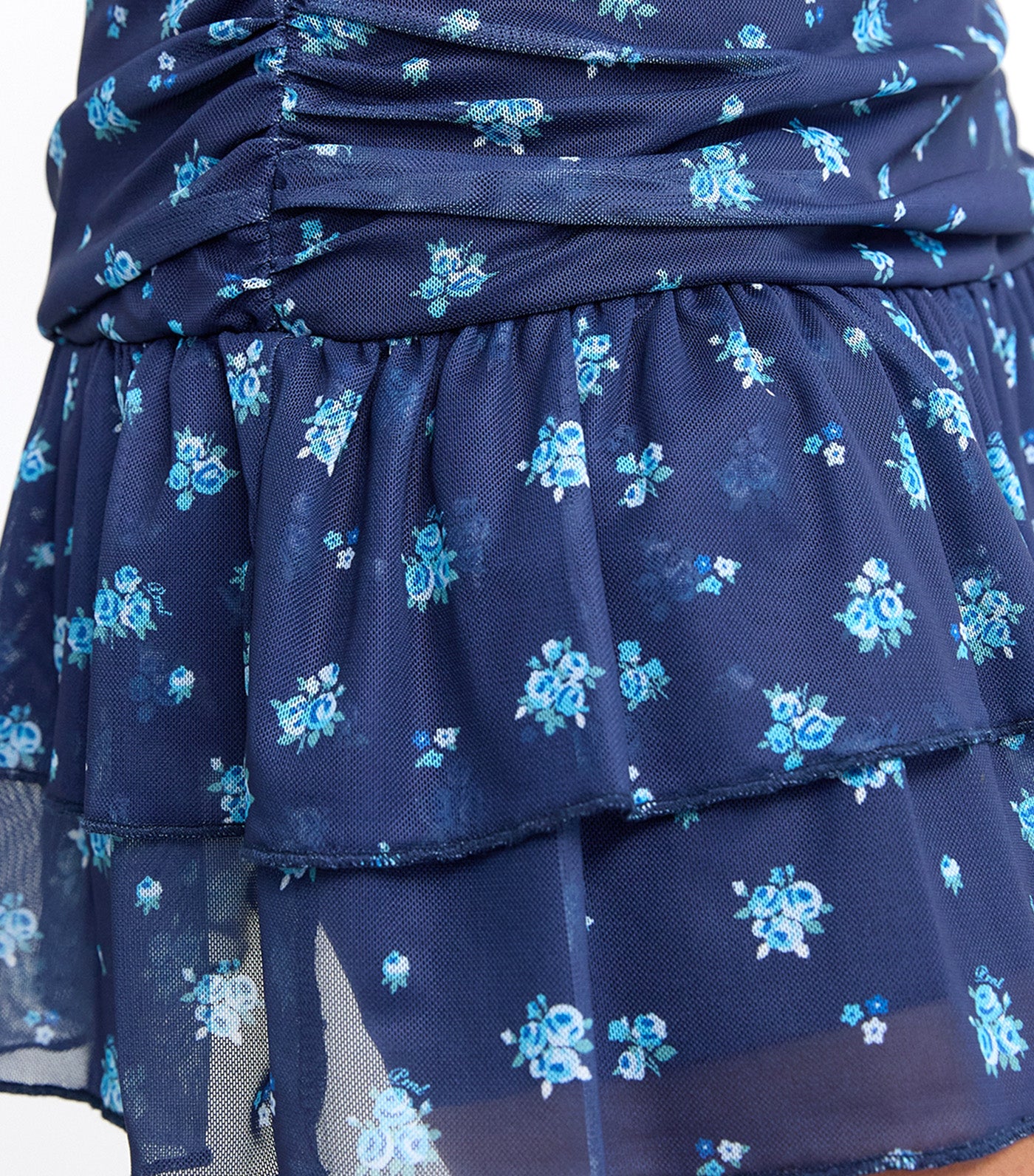 Floral Ruched Ruffle Hem Mini Skirt Navy