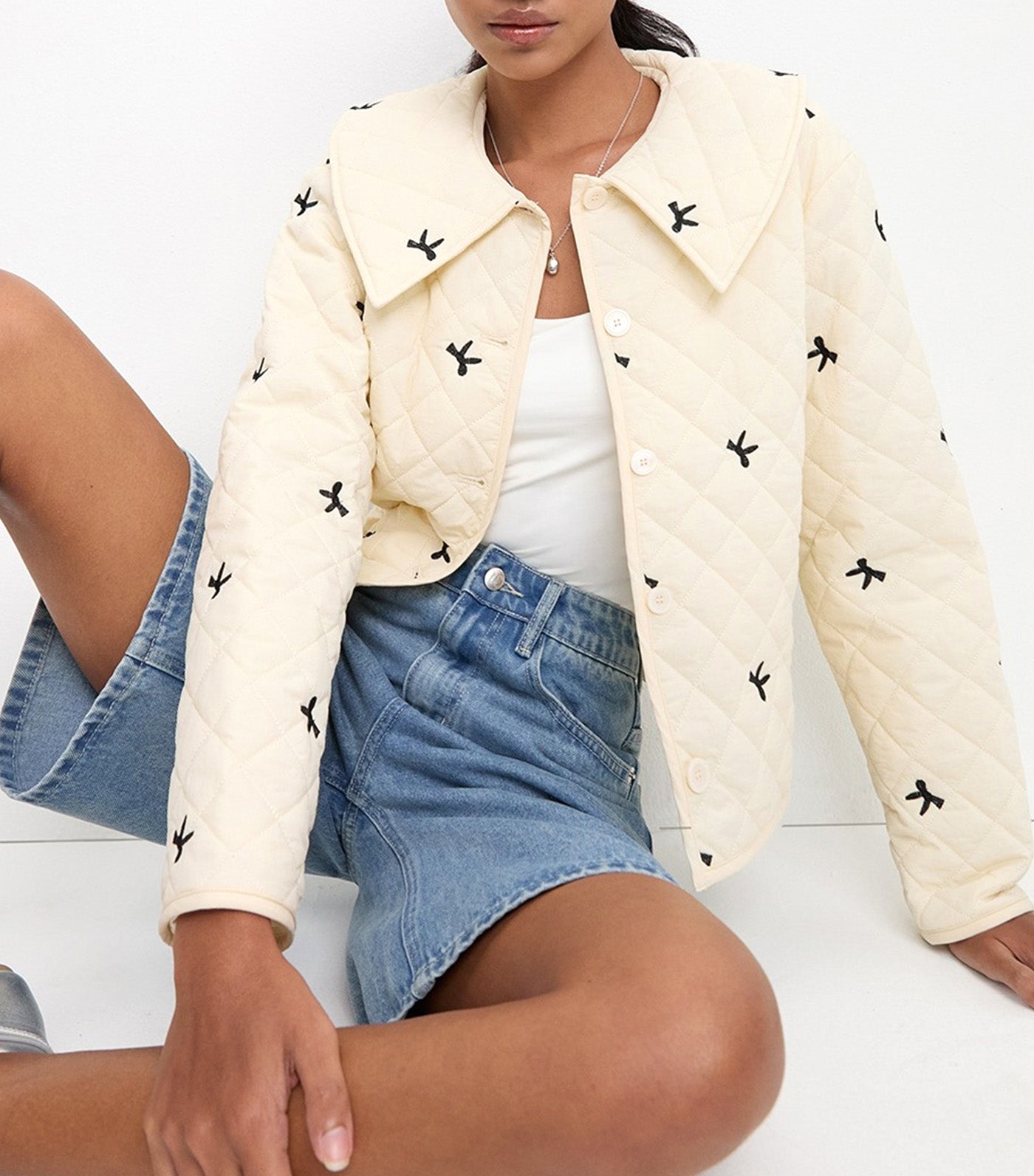 Embroided Quilted Crop Jacket Ivory