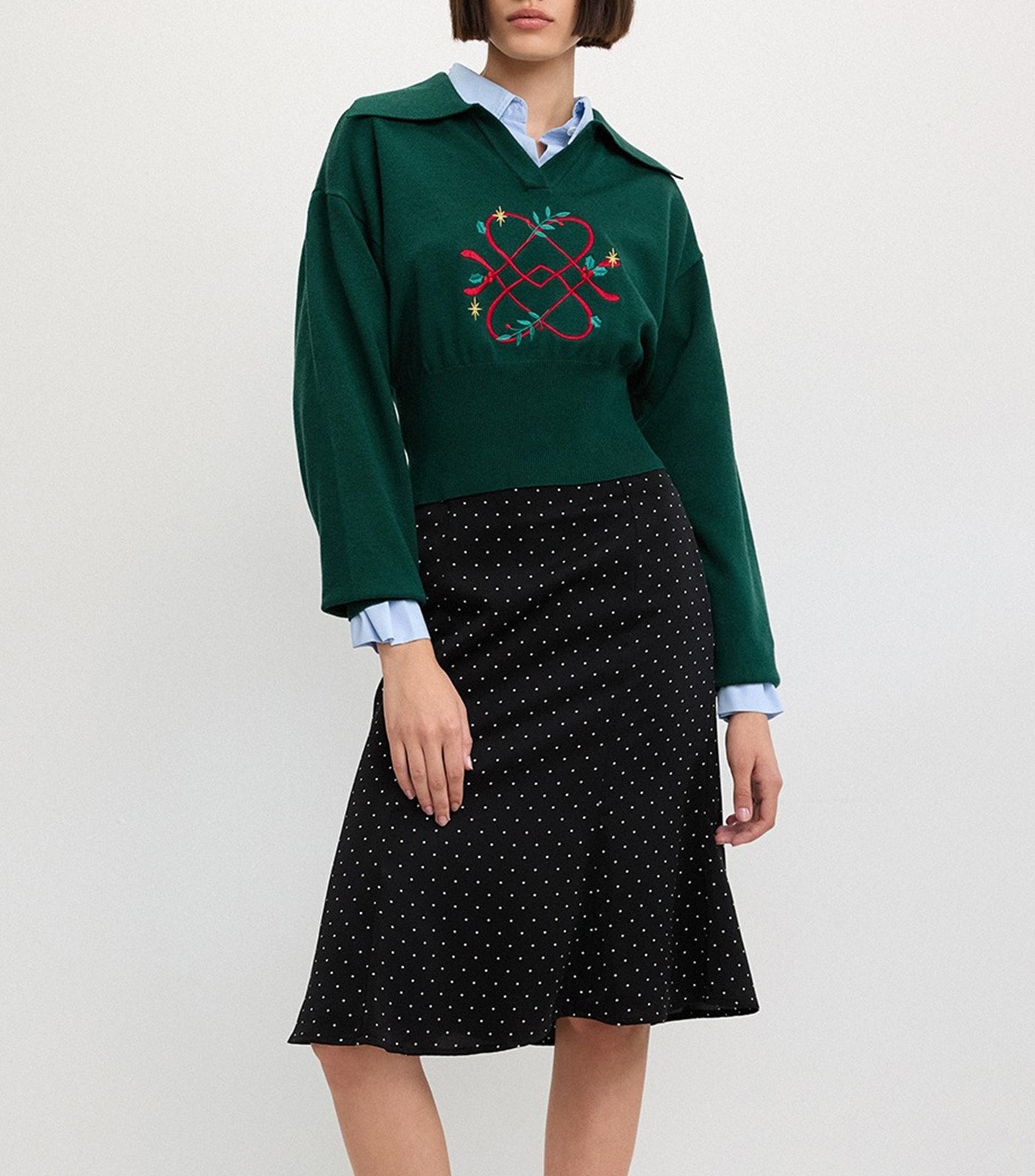 Pomelo Embroidered Knit Top Dark Green