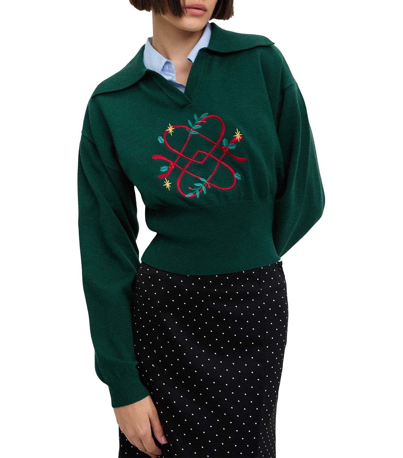 Pomelo Embroidered Knit Top Dark Green