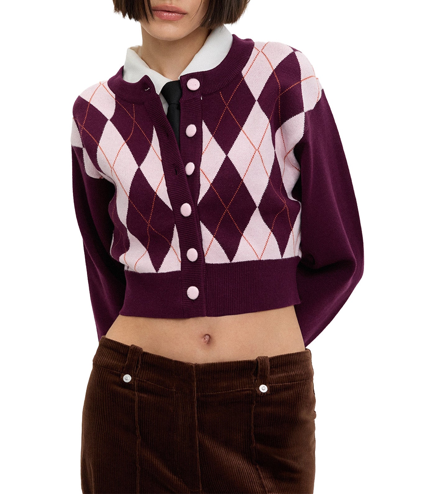 Pomelo Diamond Knit Crop Cardigan Burgundy