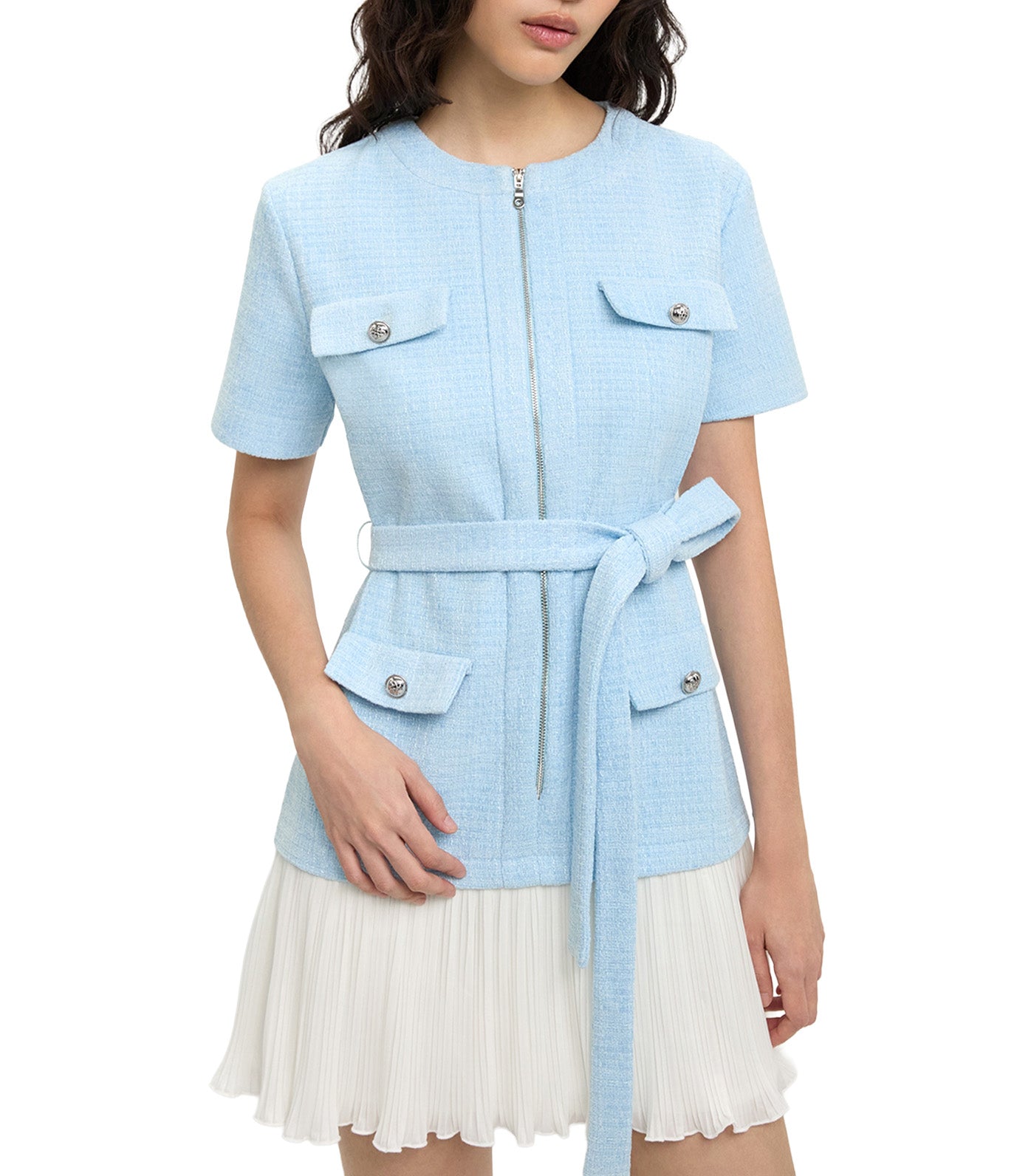 Tweed and Pleated Hem Dress Baby Blue