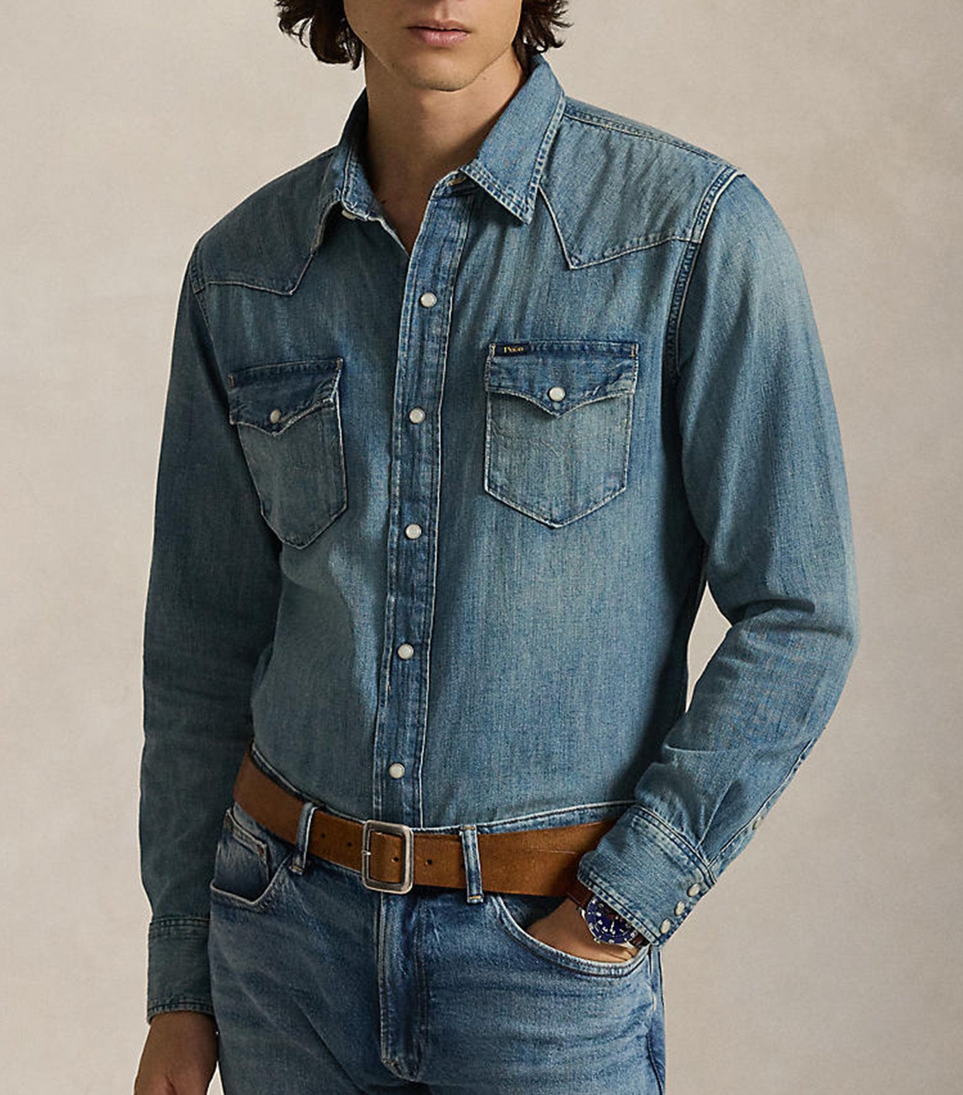 Slub Denim Western Shirt Blue