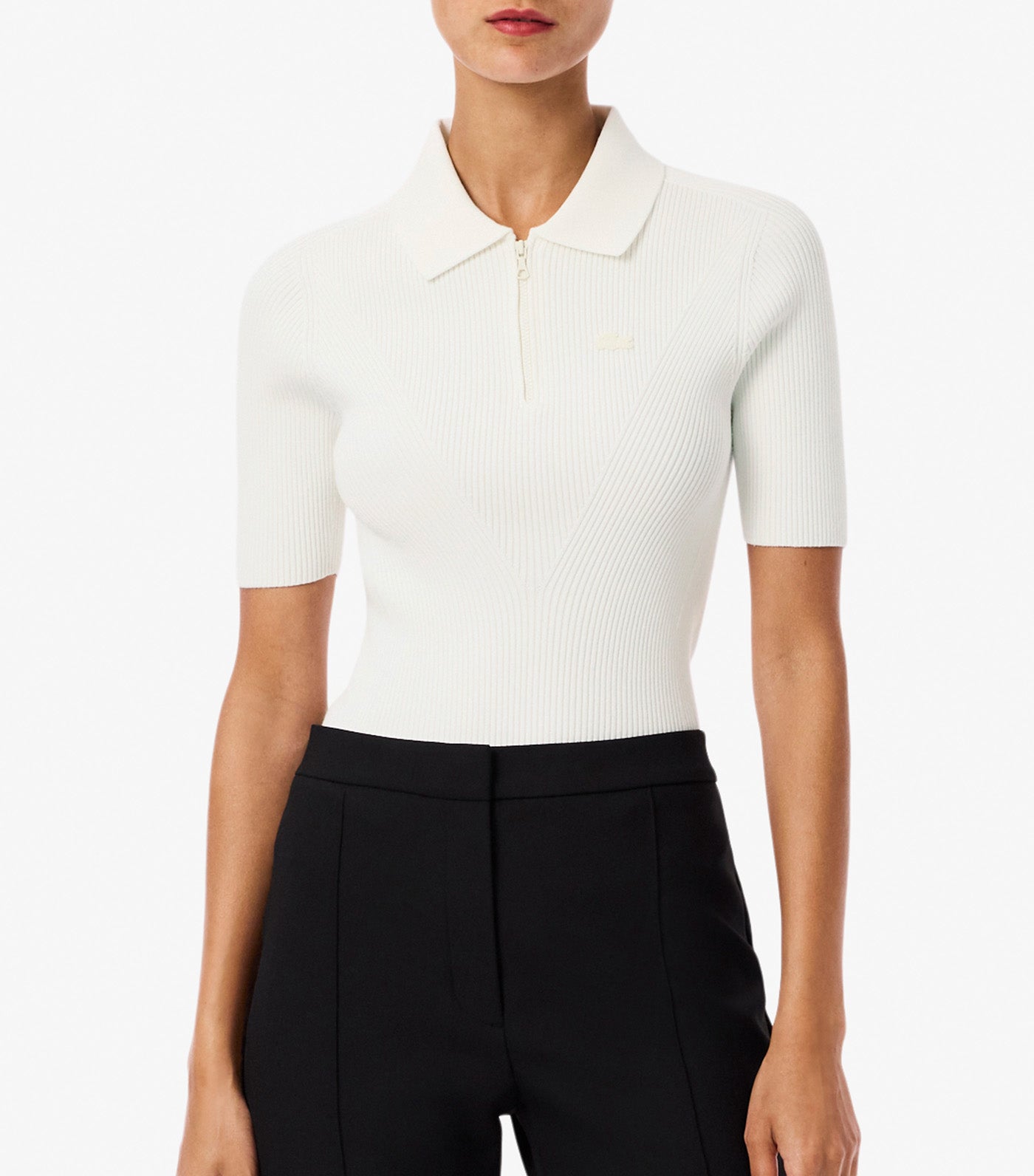 Zip Neck Rib Knit Polo Shirt Flour