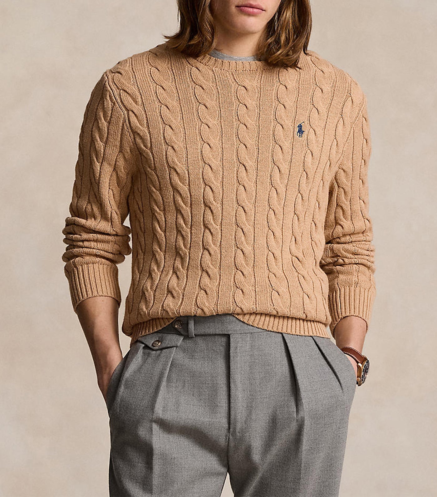 Men's Cable-Knit Cotton Sweater Camel Melange