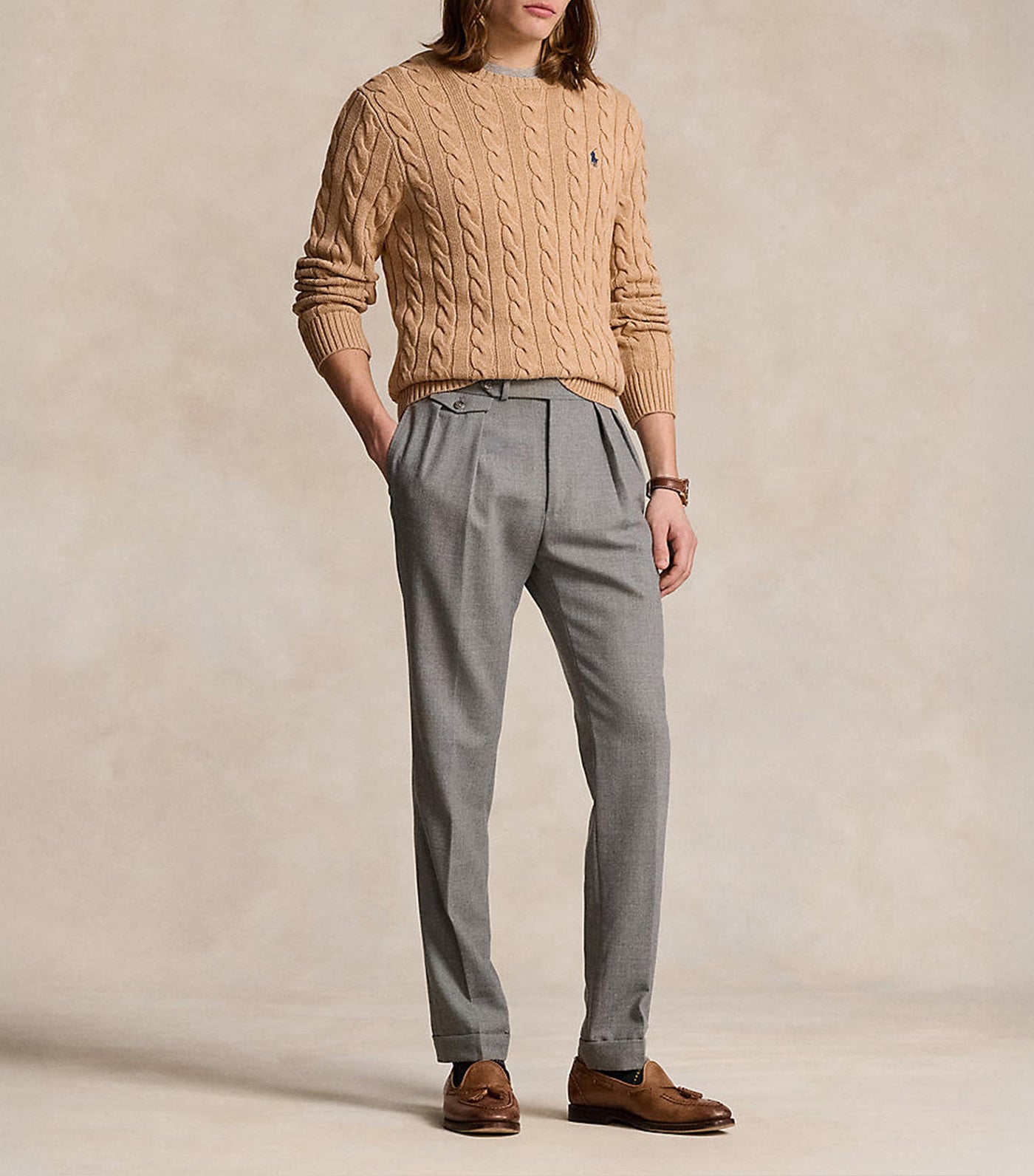 Men's Cable-Knit Cotton Sweater Camel Melange