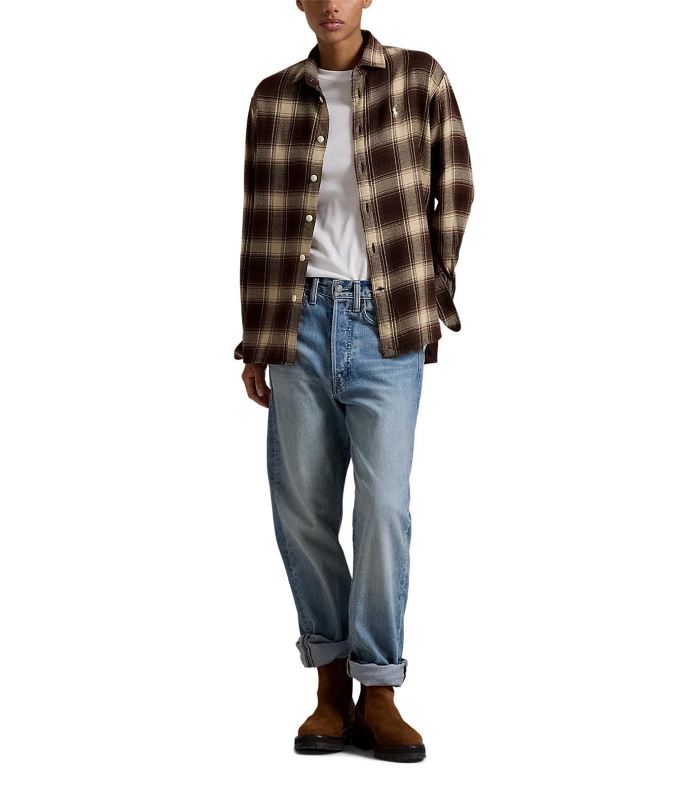 Women's Relaxed Fit Plaid Cotton Shirt Brown/Cream