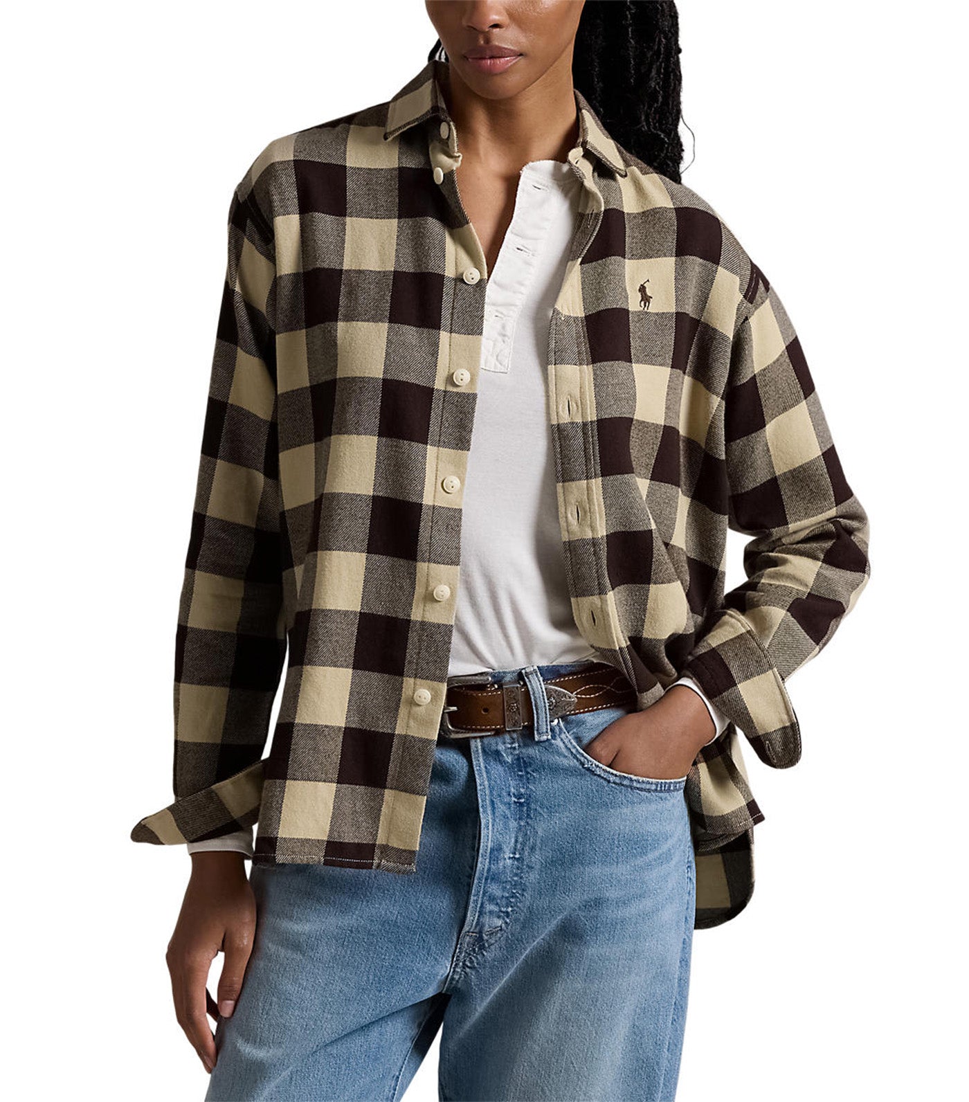 Women's Relaxed Fit Plaid Cotton Shirt Tan/Brown