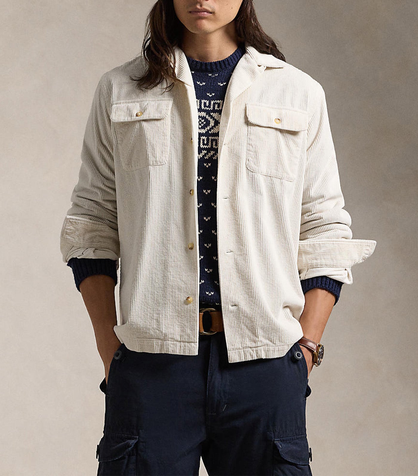 Men's Classic Fit Corduroy Camp Shirt Antique Cream