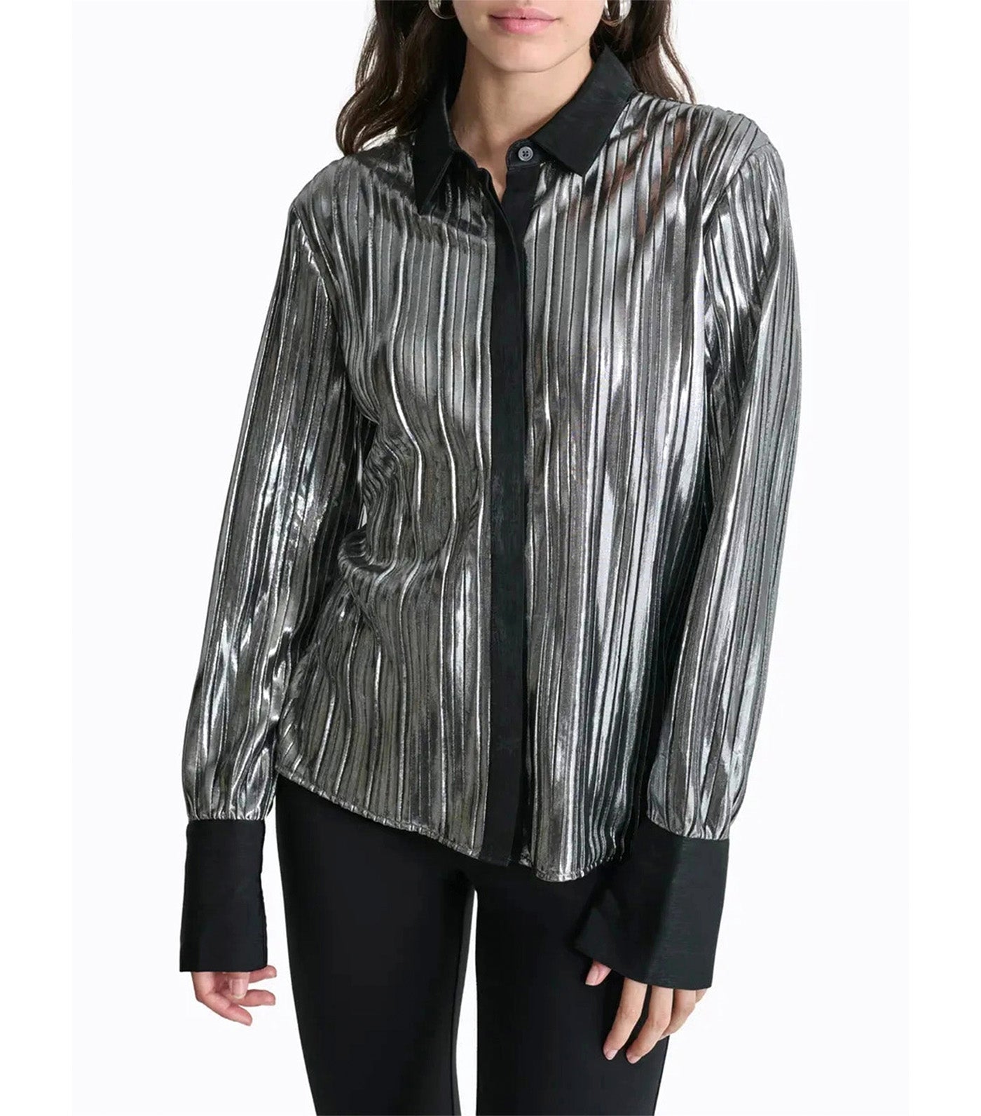 Long Sleeves Foil Plisse Button Down Top Black