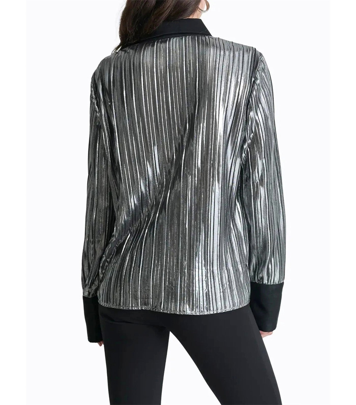 Long Sleeves Foil Plisse Button Down Top Black