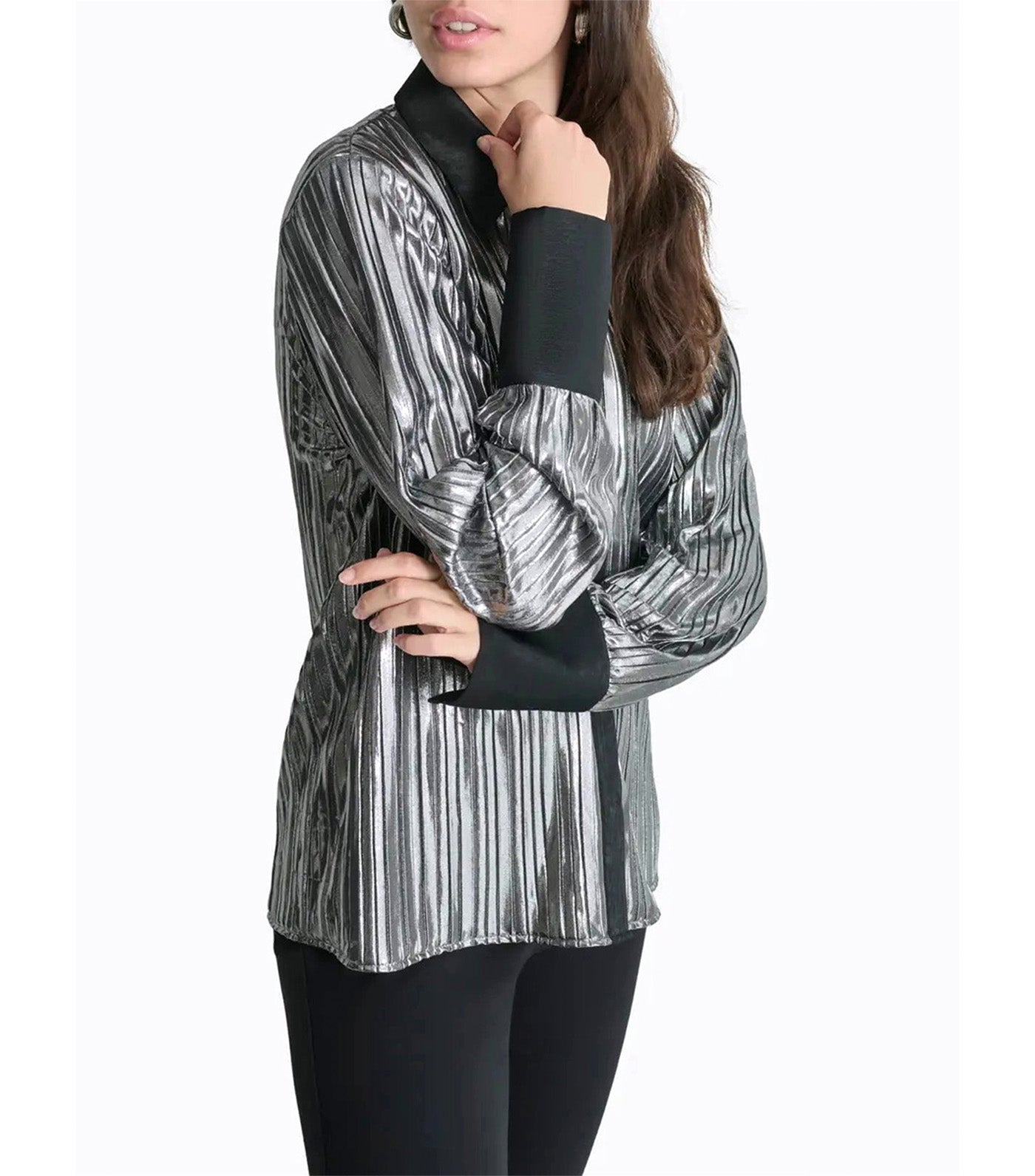 Long Sleeves Foil Plisse Button Down Top Black