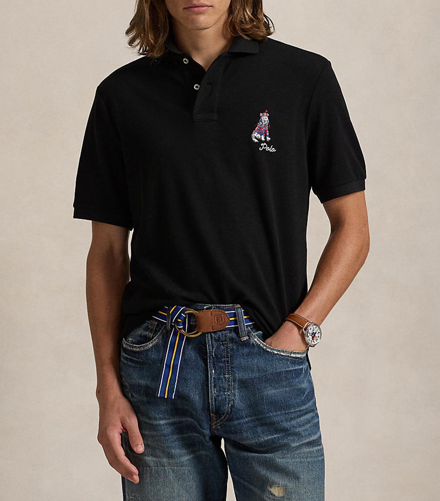 Men's Classic Fit Dog-Embroidered Polo Shirt Polo Black