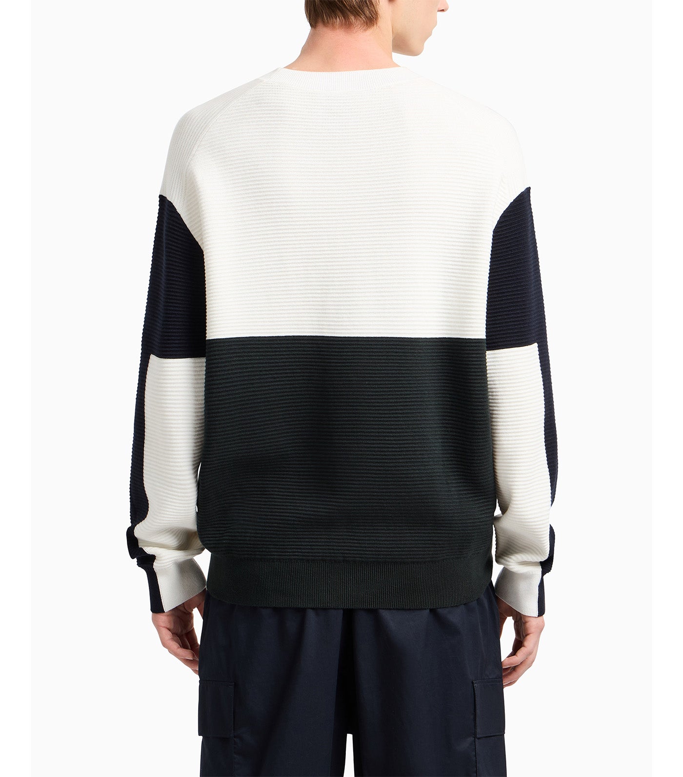 Color Block Ribbed Crew Neck Sweater Off White/Jet Set/Deep Navy