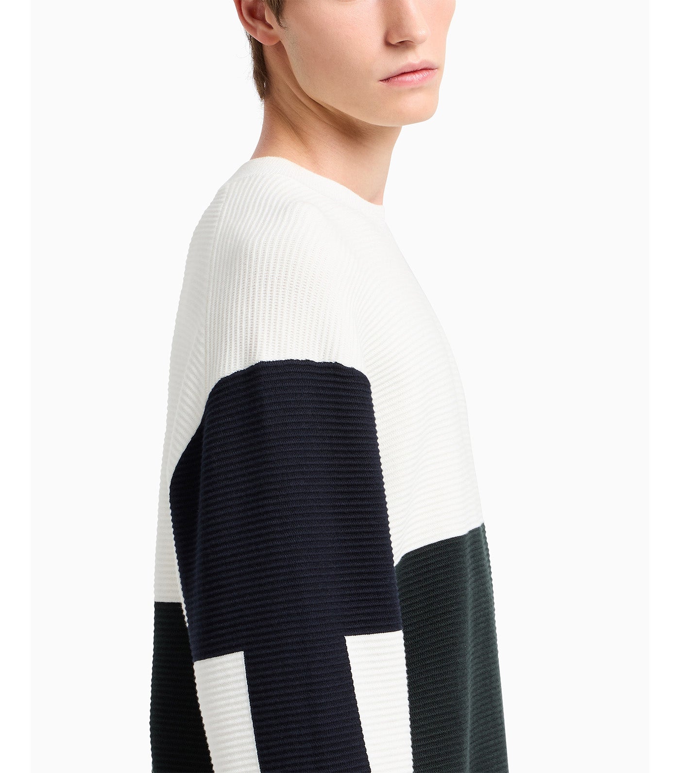 Color Block Ribbed Crew Neck Sweater Off White/Jet Set/Deep Navy
