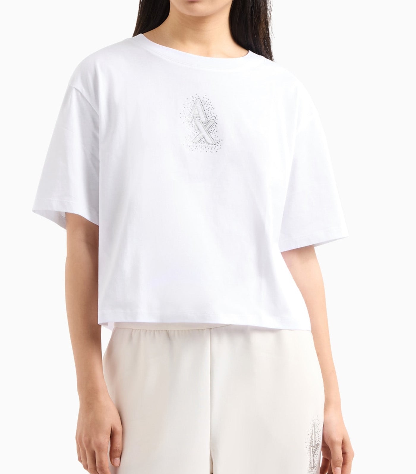 Armani Exchange Cropped T-Shirt with Rhinestone Logo Optic White