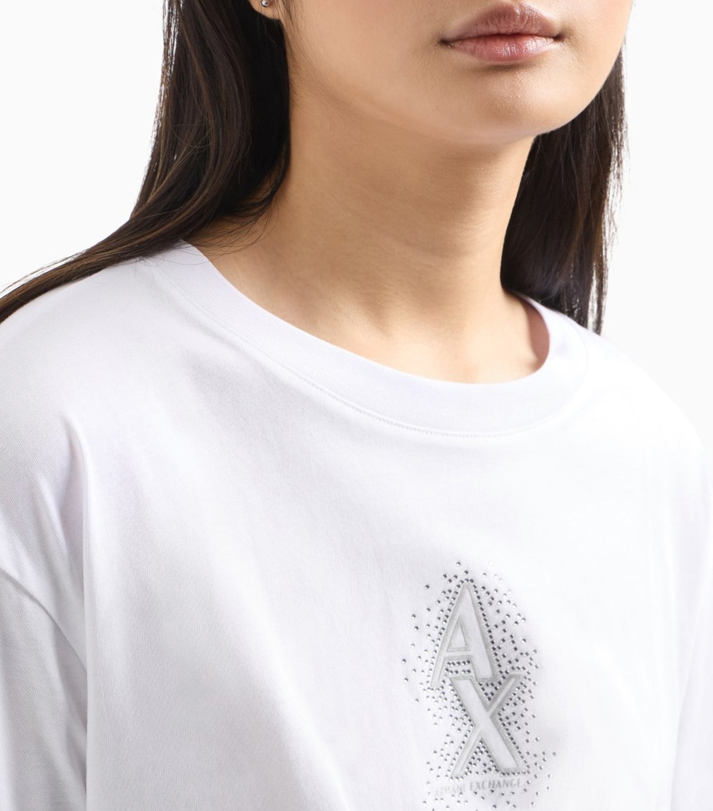 Armani Exchange Cropped T-Shirt with Rhinestone Logo Optic White