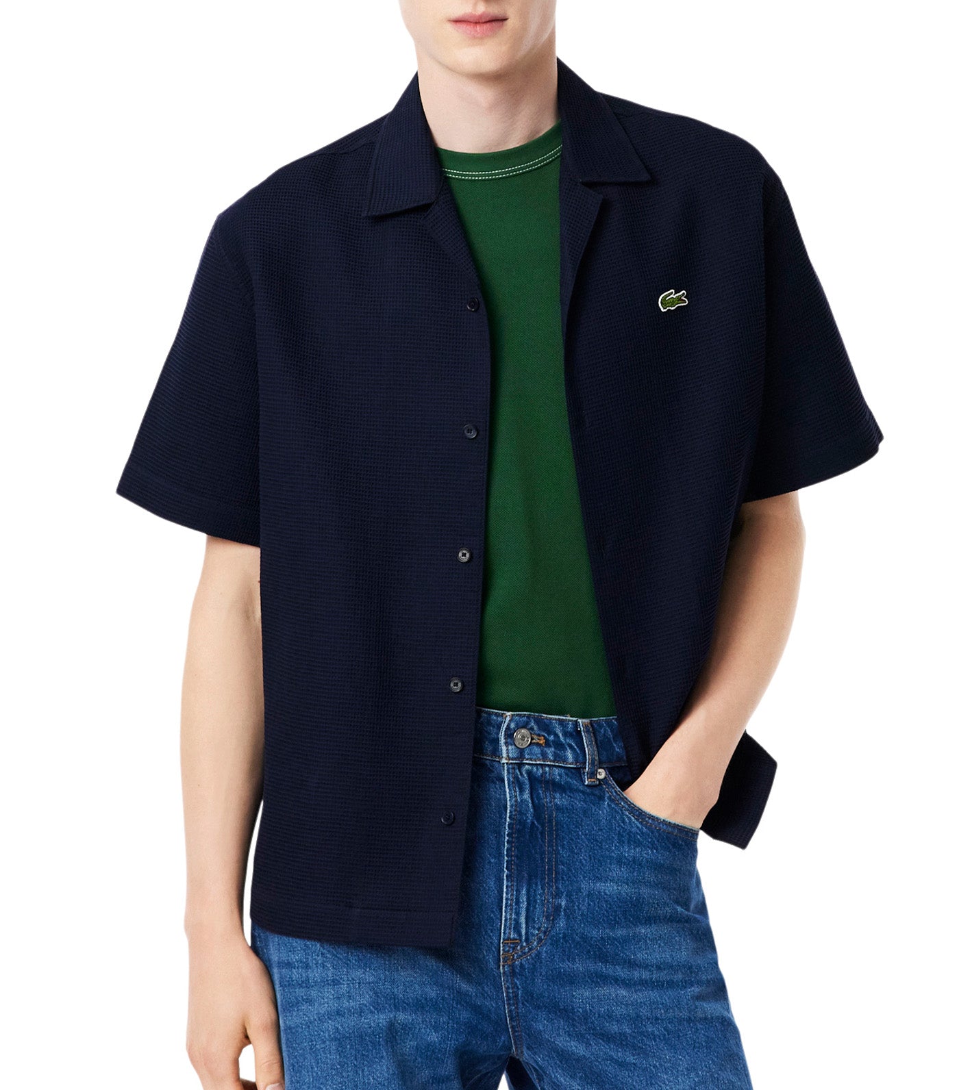 Lacoste Relaxed Fit Waffle Texture Shirt Navy Blue