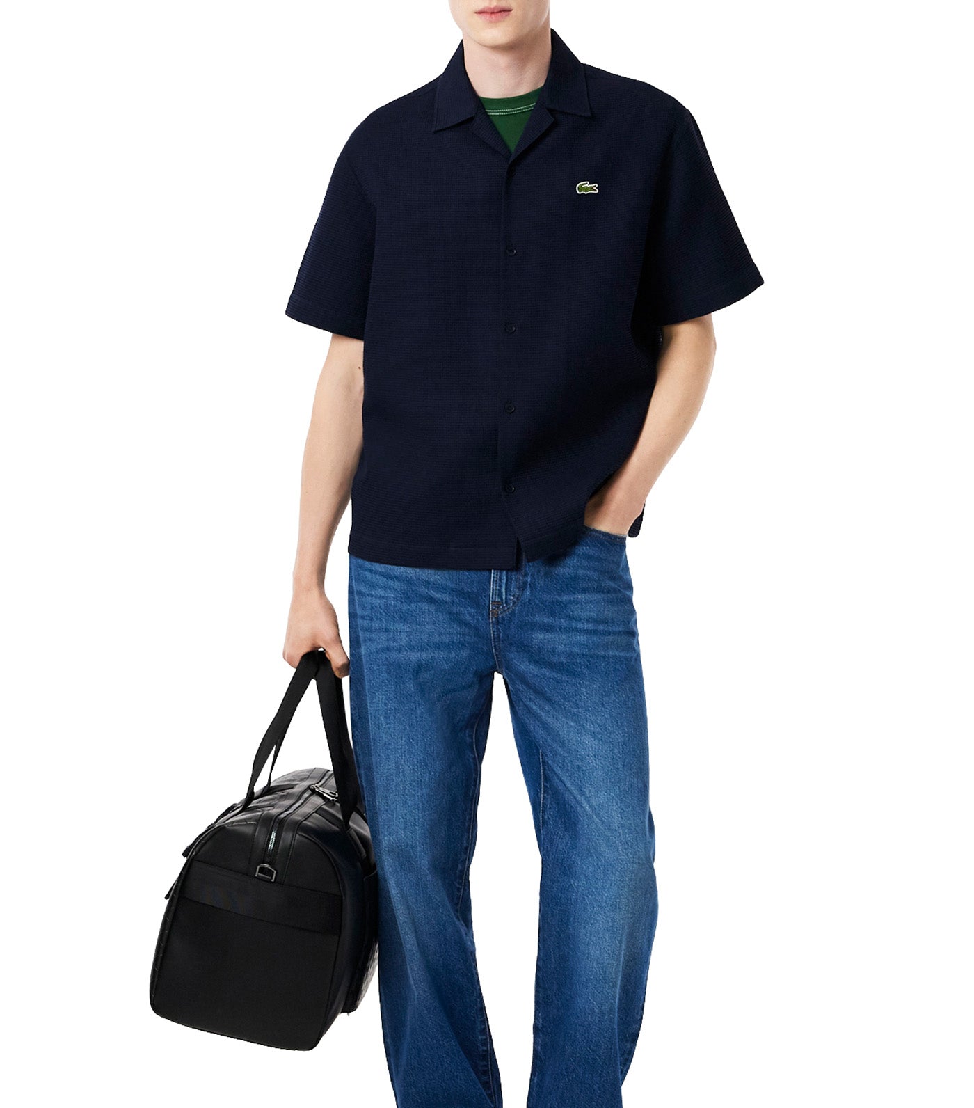Lacoste Relaxed Fit Waffle Texture Shirt Navy Blue