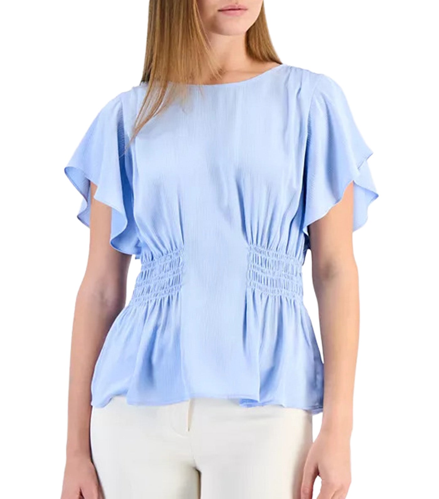 Smocked-Waist Flutter Sleeve Top Surf Blue