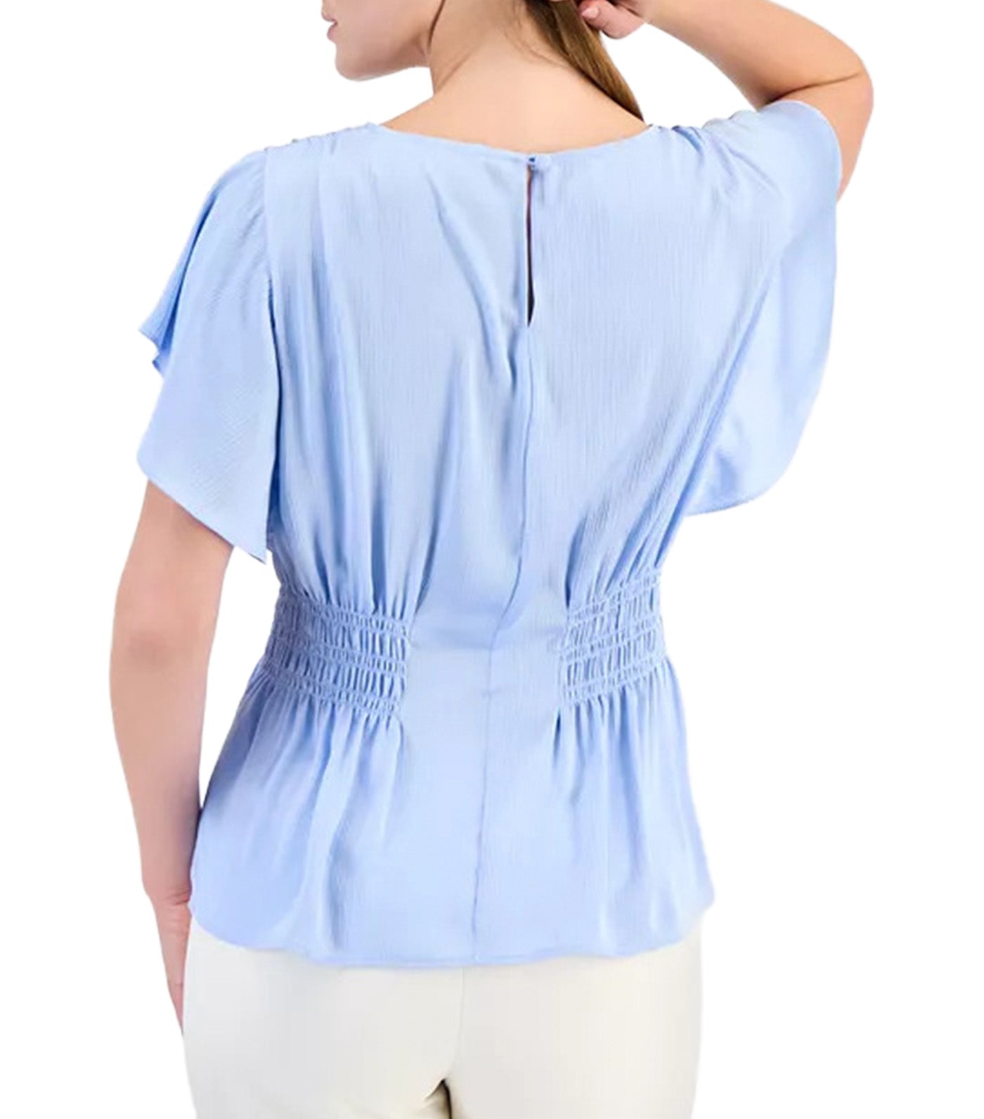 Smocked-Waist Flutter Sleeve Top Surf Blue