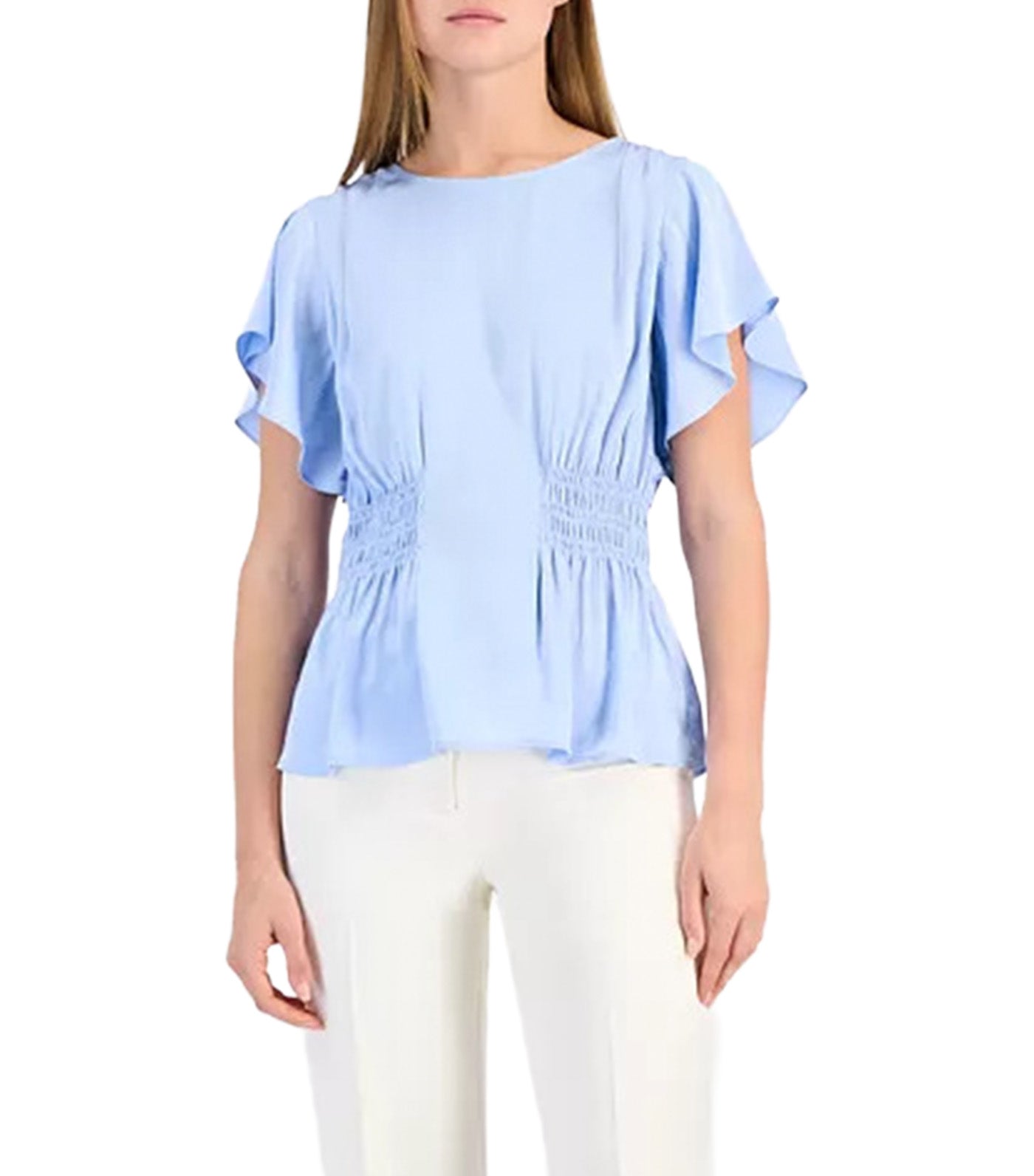 Smocked-Waist Flutter Sleeve Top Surf Blue