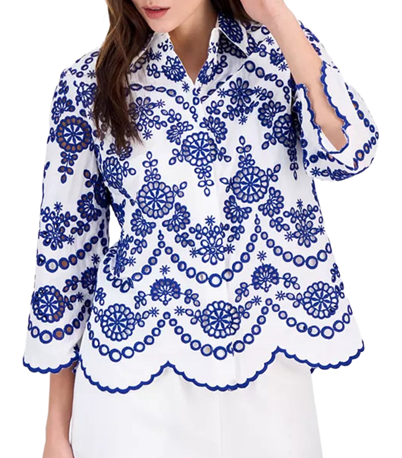 Women's Cotton Eyelet Scalloped Shirt Bright White/ Santorini Blue