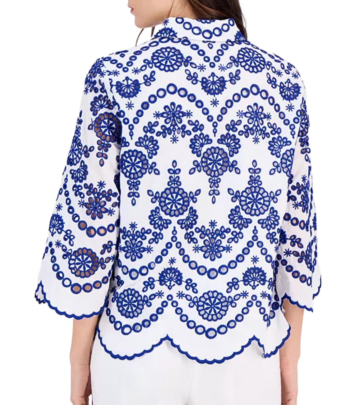 Women's Cotton Eyelet Scalloped Shirt Bright White/ Santorini Blue